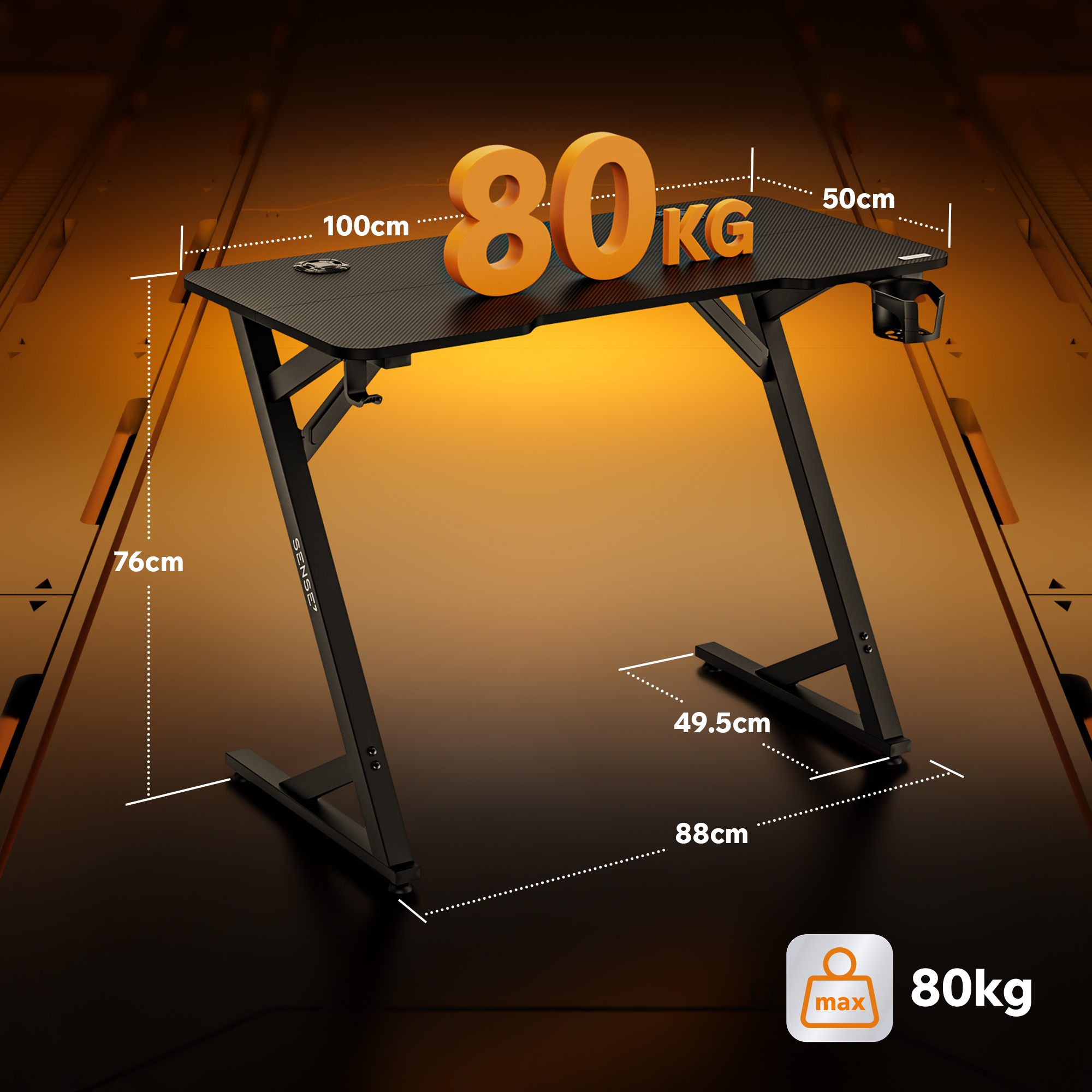 Black gaming desk with Z-shaped legs, cup holder, and 100x50x76 cm dimensions. Max weight 80 kg.