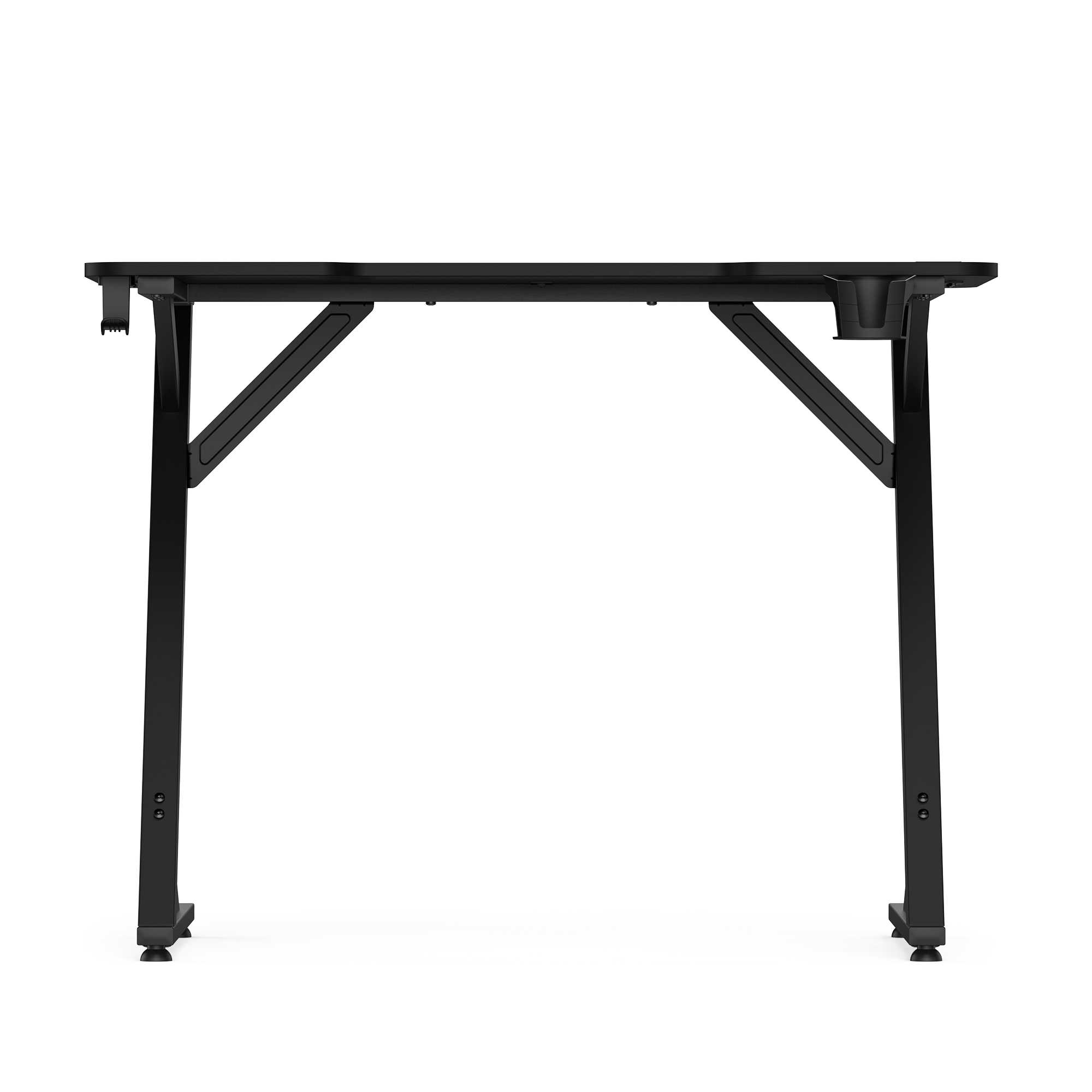 A black modern gaming desk on a white background, featuring sturdy metal legs and a cup holder.