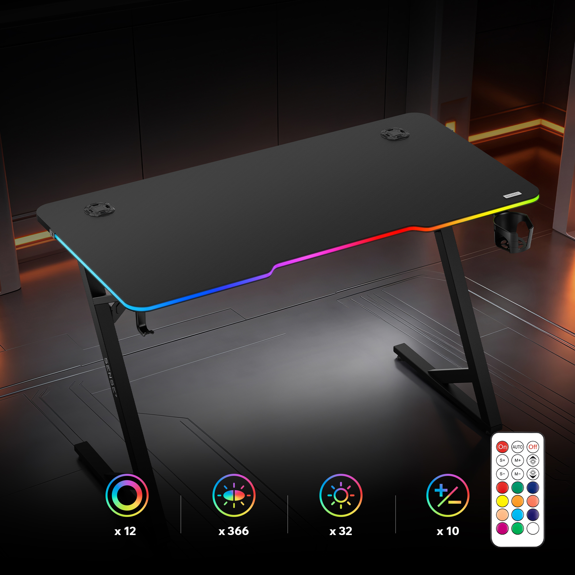 Schwarzer Gaming-Schreibtisch mit RGB-Beleuchtung, Getränkehalter, Kabelöffnungen und Fernbedienung.