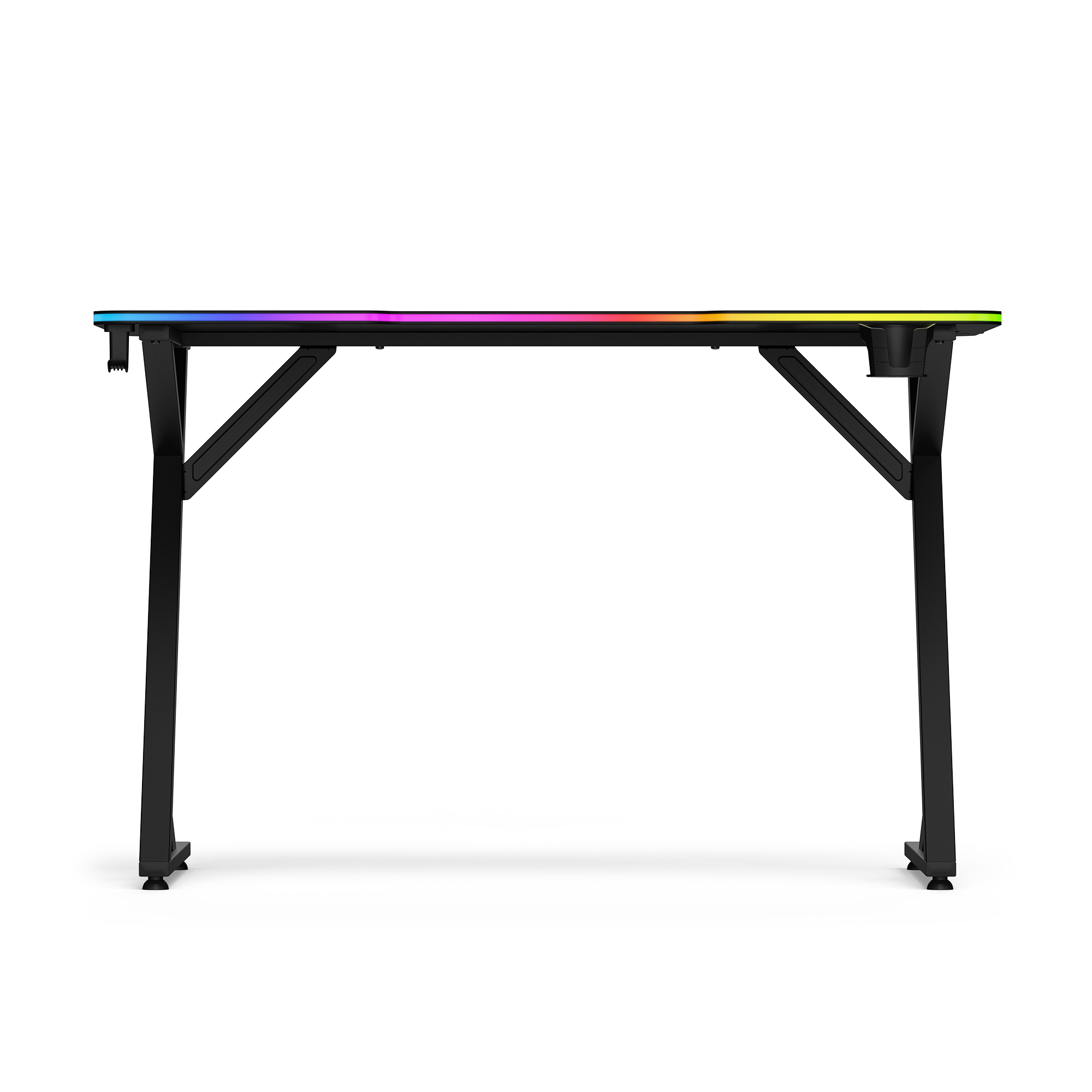 Schwarzer Gaming-Schreibtisch mit bunter RGB-Beleuchtung am Rand.