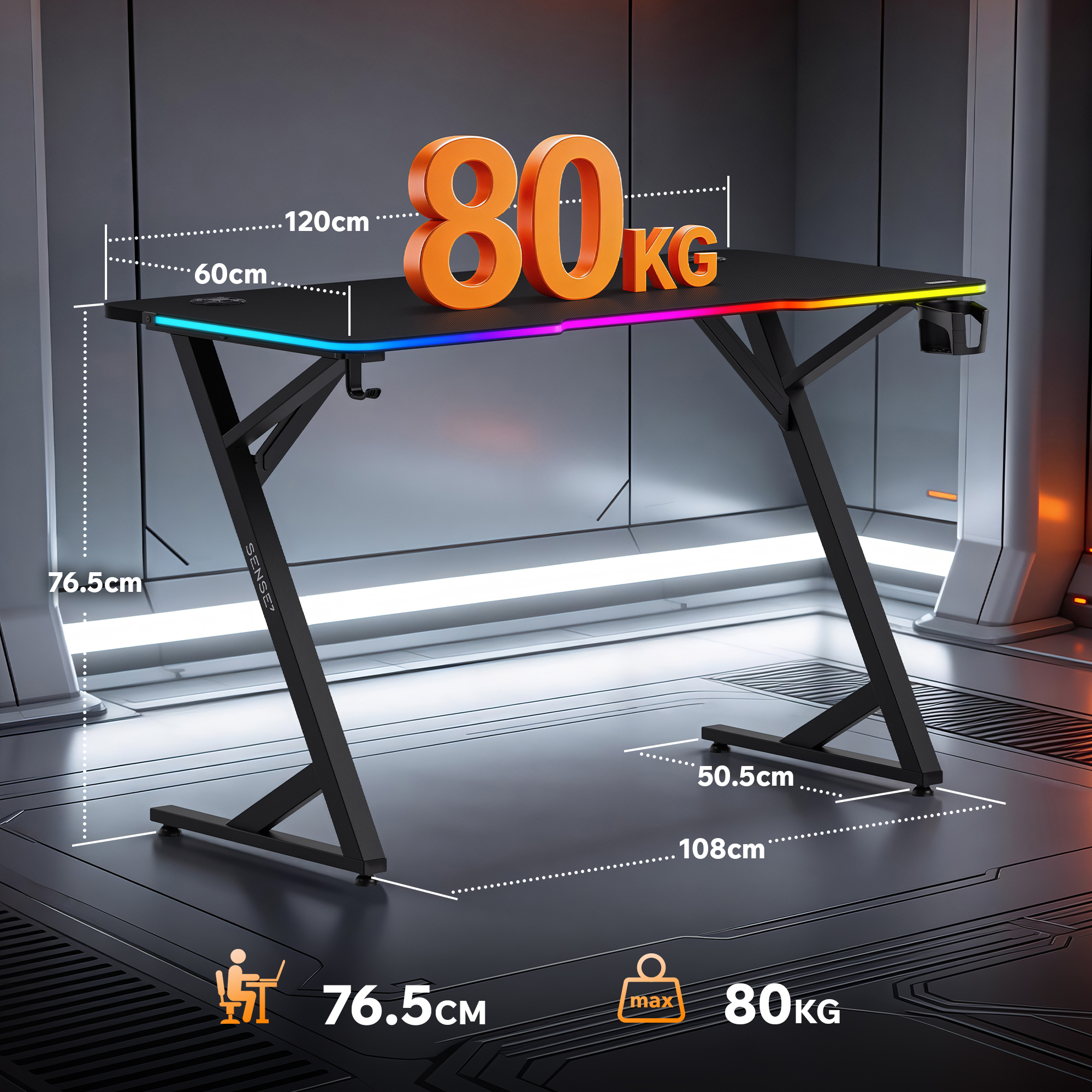 Schwarzer Gaming-Schreibtisch mit LED-Beleuchtung, Maßen und der Aufschrift 80 kg auf futuristischer Metalloberfläche.