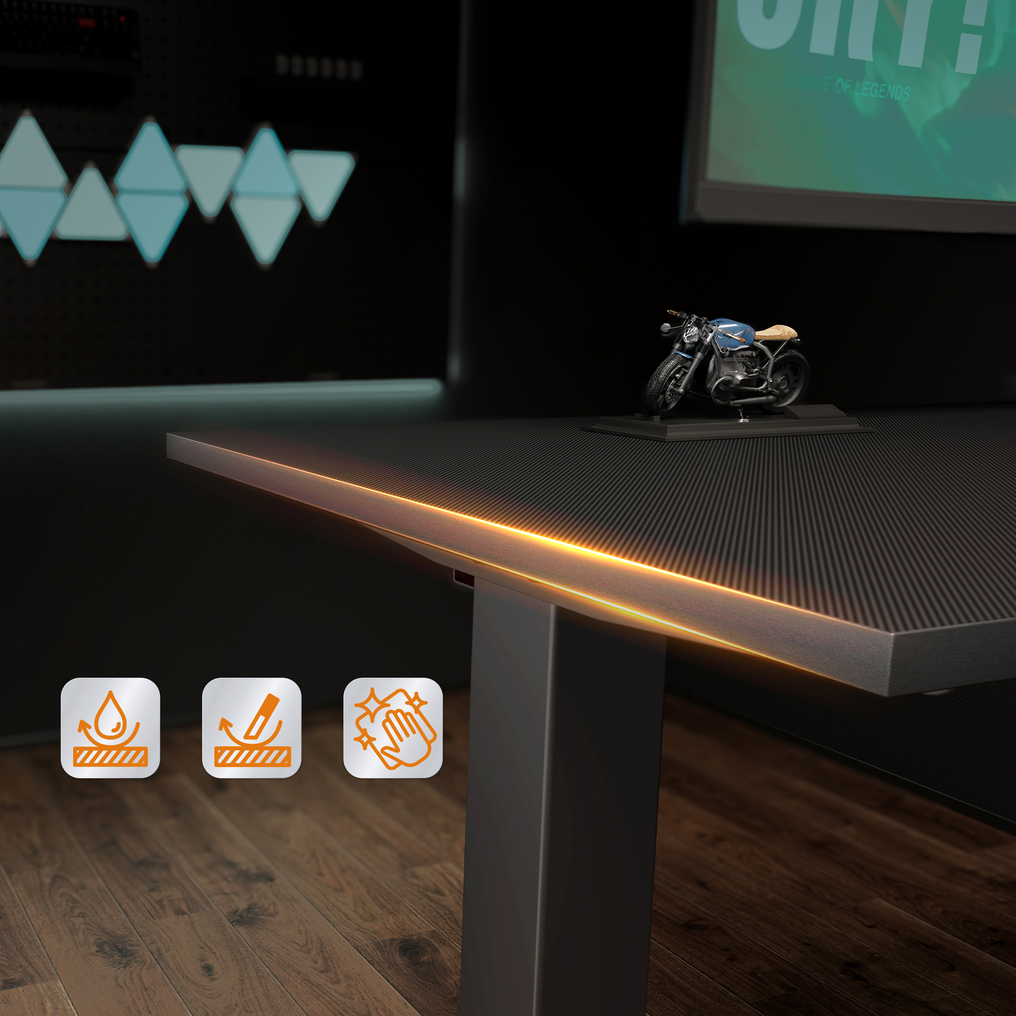 A black carbon-fiber desk with an orange glowing edge, a motorcycle model on top, and three property icons below.