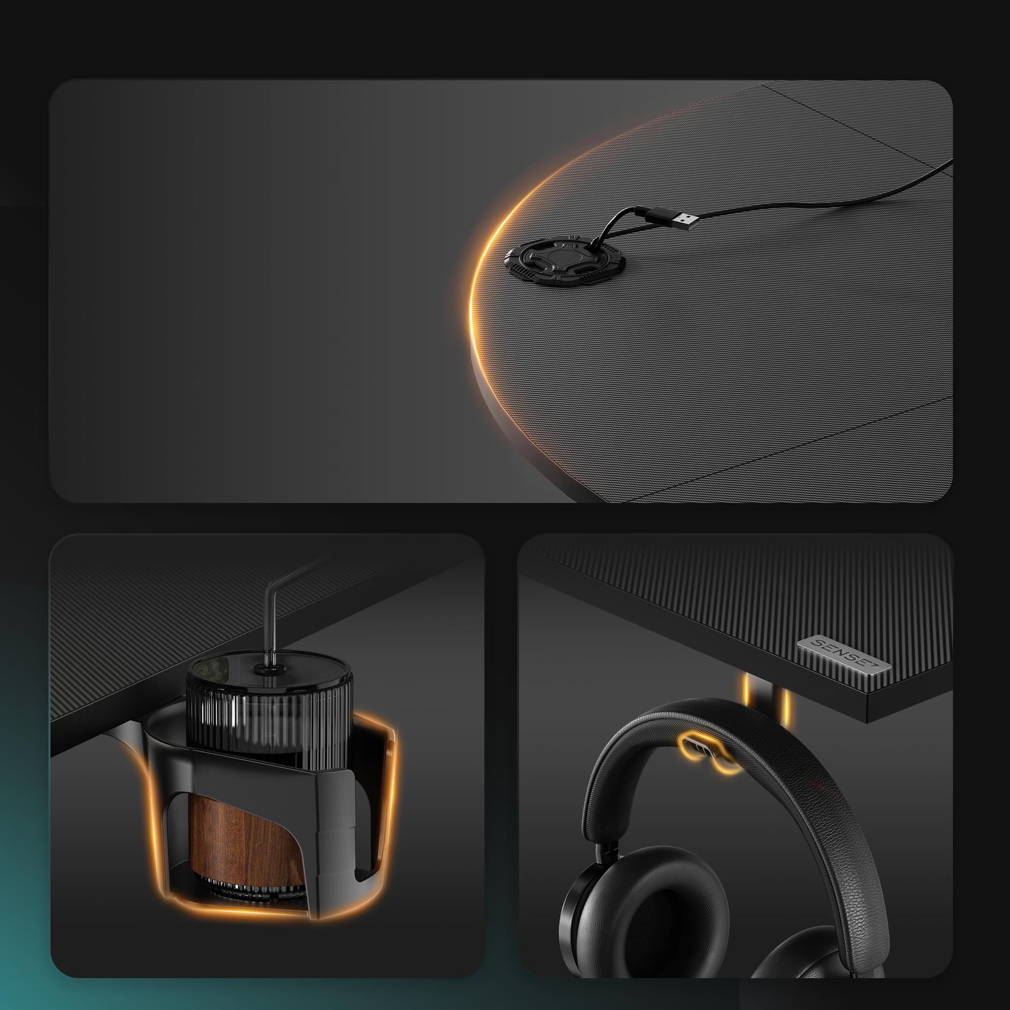 A desk with a USB hub, a cup holder, and a headphone hook on a dark background.