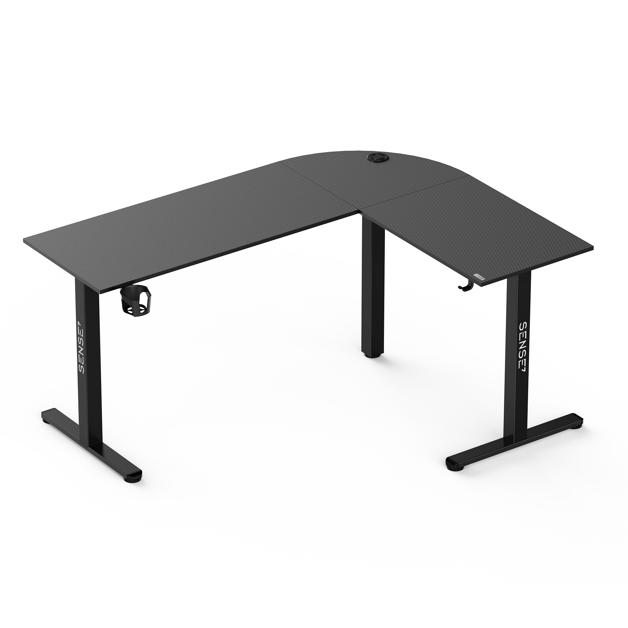 A black L-shaped computer desk with metal legs, a cup holder, and a cable grommet against a white background.