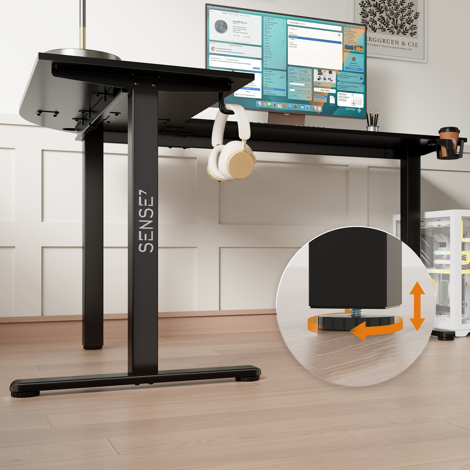 A black, height-adjustable Sense7 desk with monitor, headphones, and a close-up showing adjustable feet.