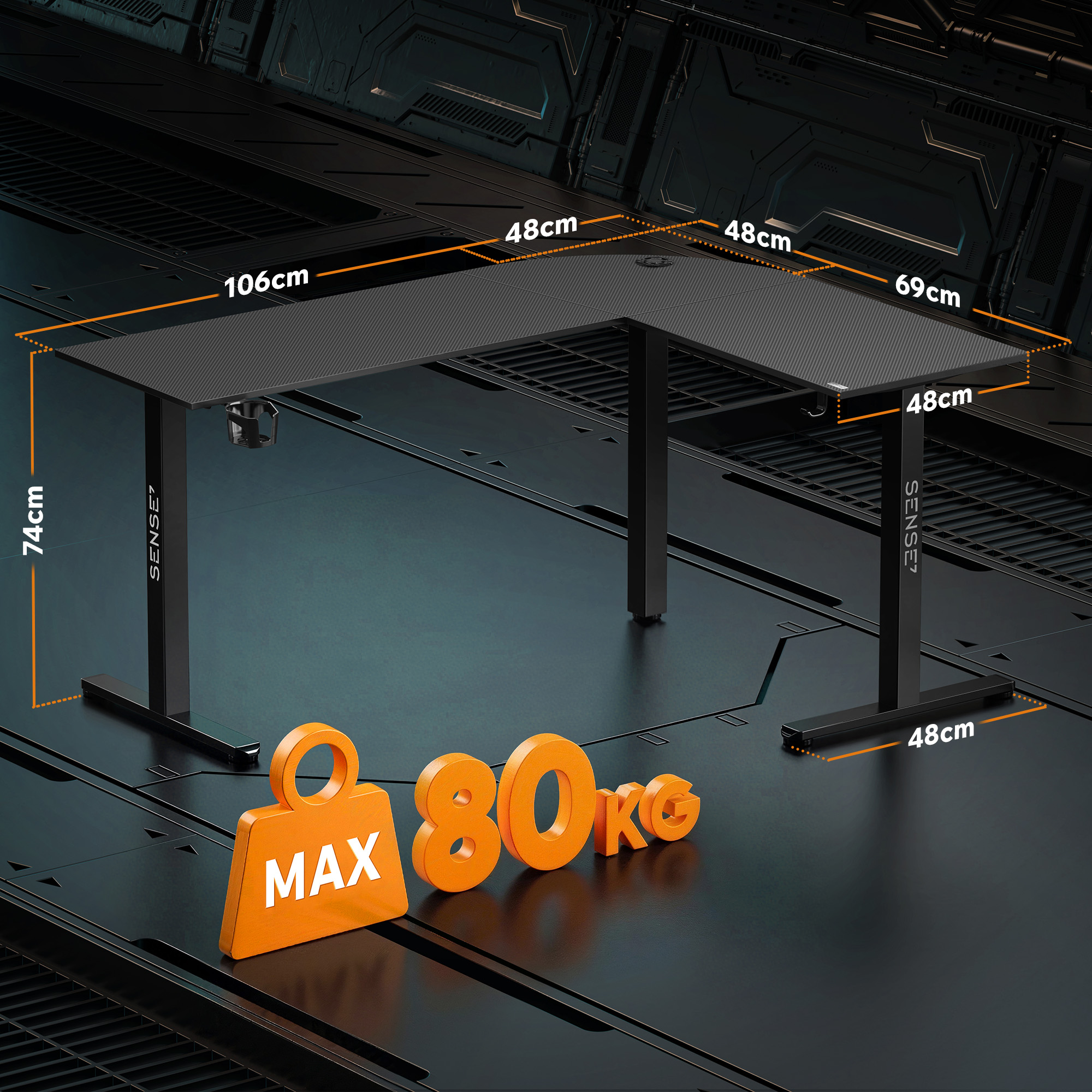 Black L-shaped gaming desk with dimensions and a max 80kg weight icon on a futuristic floor.