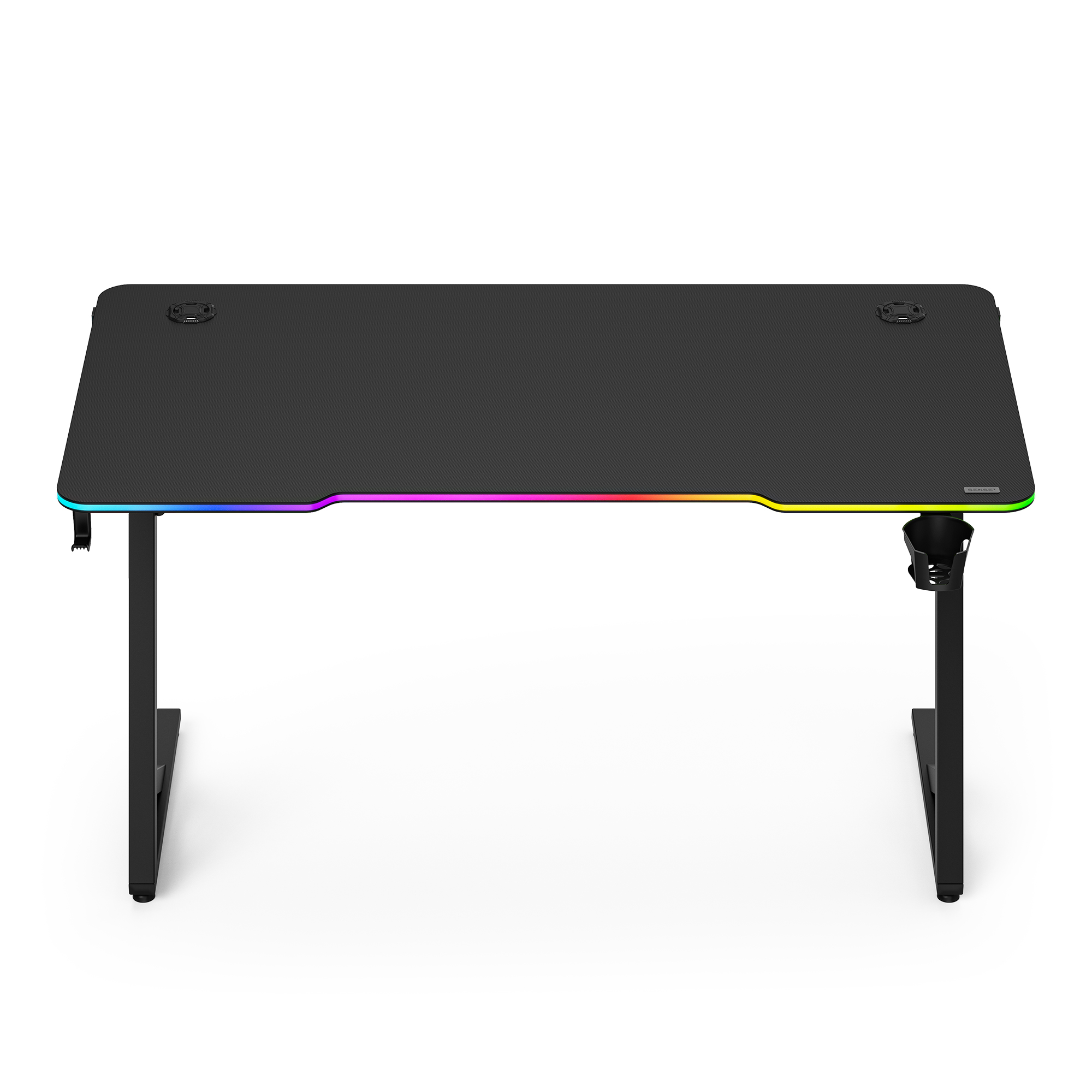 Schwarzer Gaming-Schreibtisch mit RGB-Beleuchtung, Getränkehalter und Kabeldurchführungen.