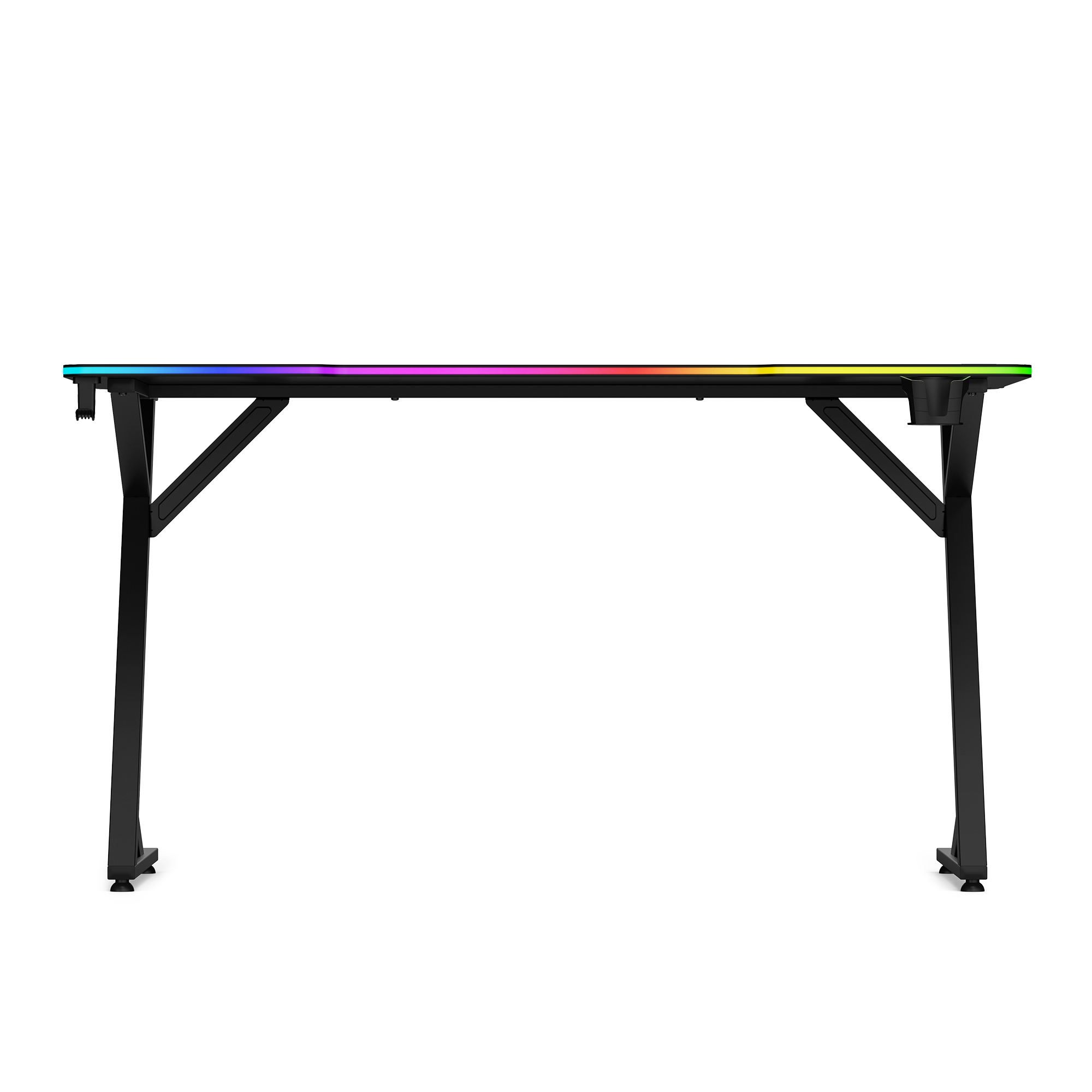 Ein schwarzer Gaming-Schreibtisch mit RGB-Beleuchtung an der Kante, stabilen Beinen und einem Becherhalter.
