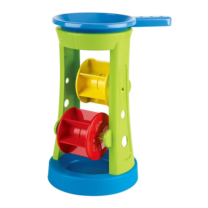 Buntes Kunststoff-Sandspielzeug mit grünem Gestell, blauer Basis und Trichtern sowie gelben und roten Wasserrädern.