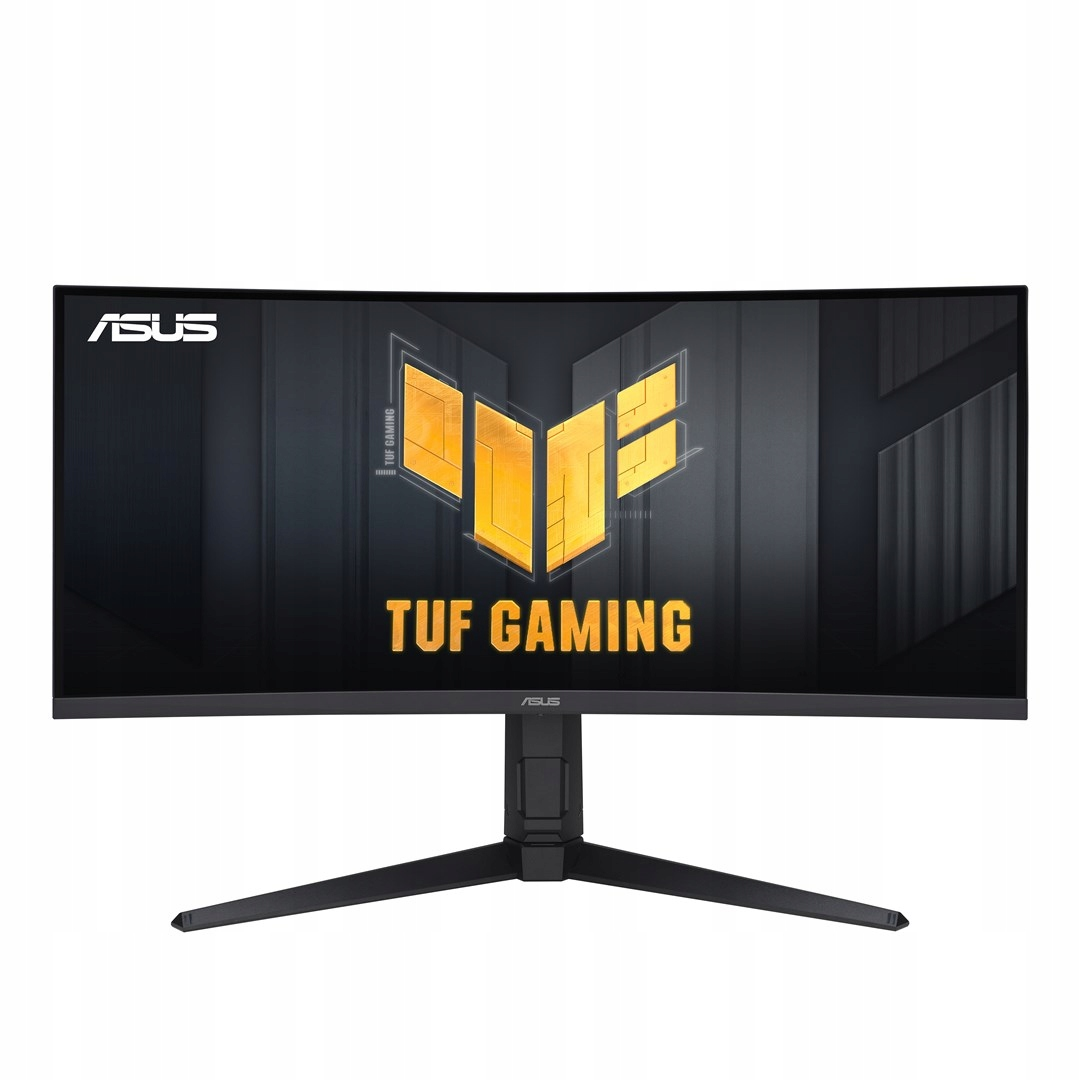 Monitor curvo ASUS TUF Gaming en un soporte, mostrando un logotipo amarillo sobre un fondo geométrico oscuro.
