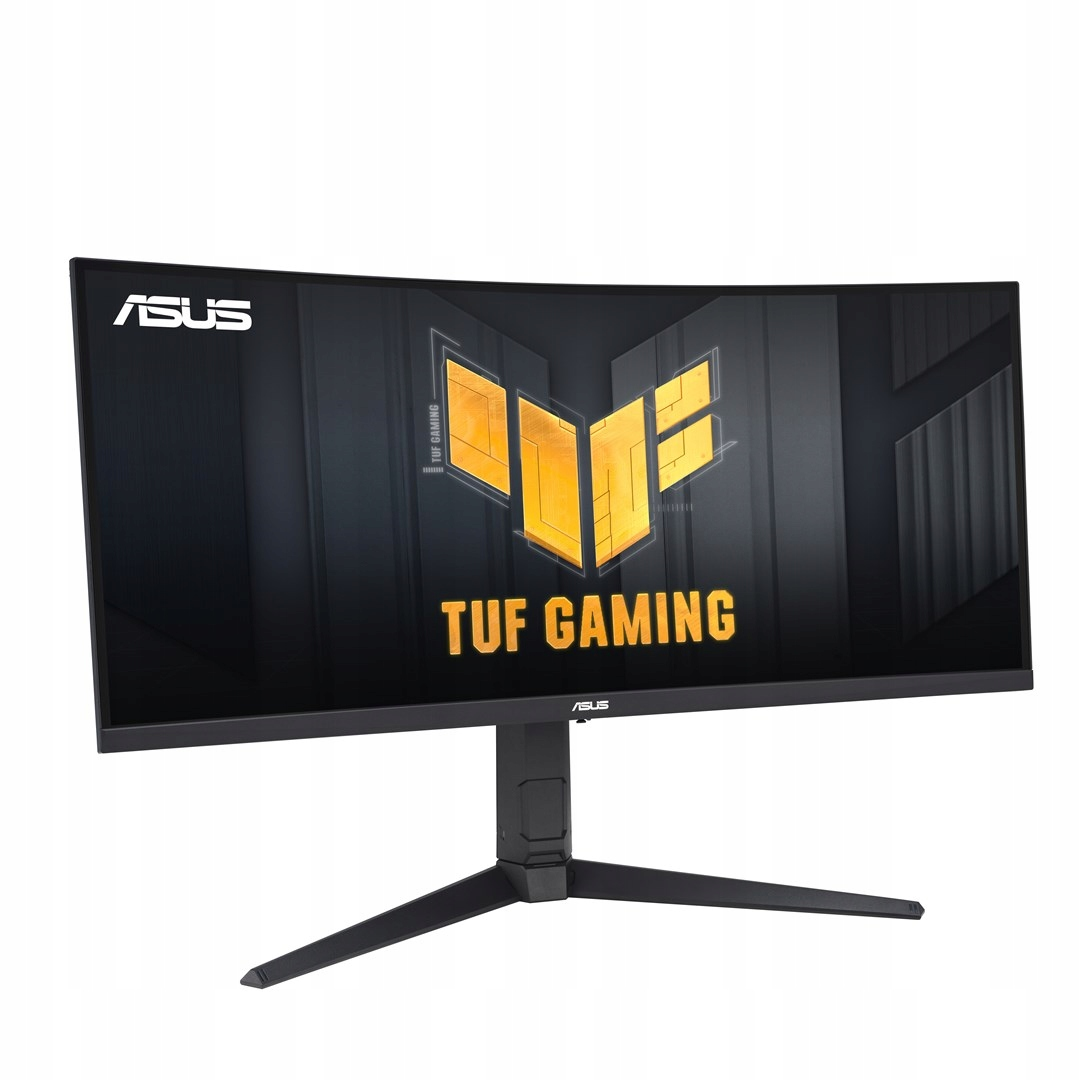 Un monitor curvo ancho ASUS TUF Gaming sobre un soporte negro en forma de V contra un fondo blanco.