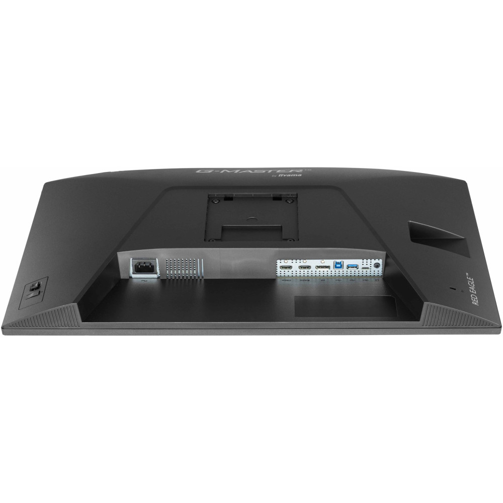 The black back of a monitor showing a VESA mount and various connection ports along the bottom.