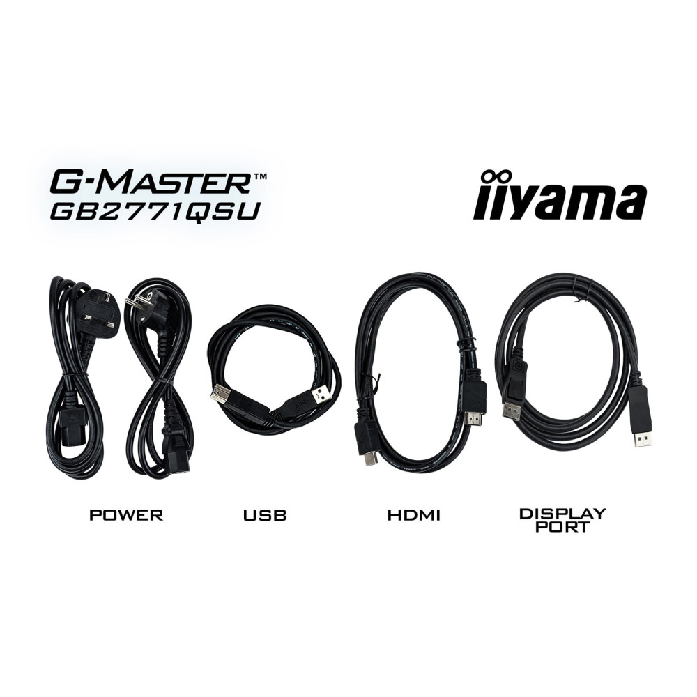 Various black cables for Iiyama G-Master GB2771QSU including power, USB, HDMI, and DisplayPort.