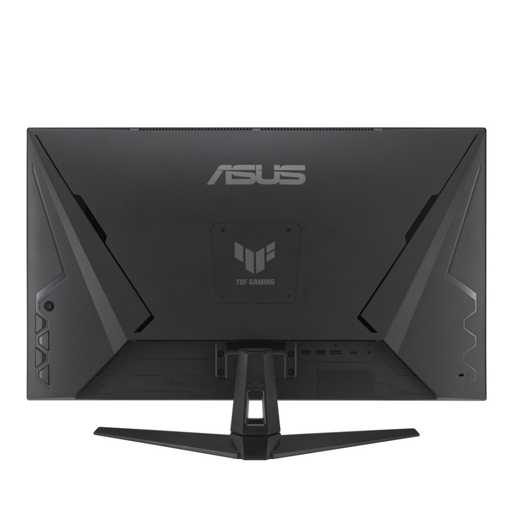 Vista posteriore di un monitor da gioco ASUS TUF nero con supporto VESA e base integrata.