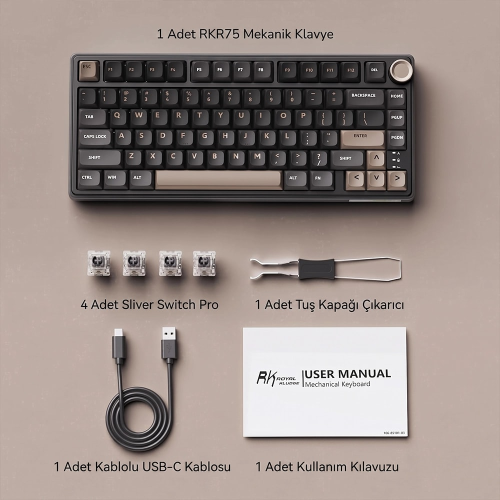 Klawiatura mechaniczna, cztery przełączniki, narzędzie, kabel USB i instrukcja na beżowym tle.
