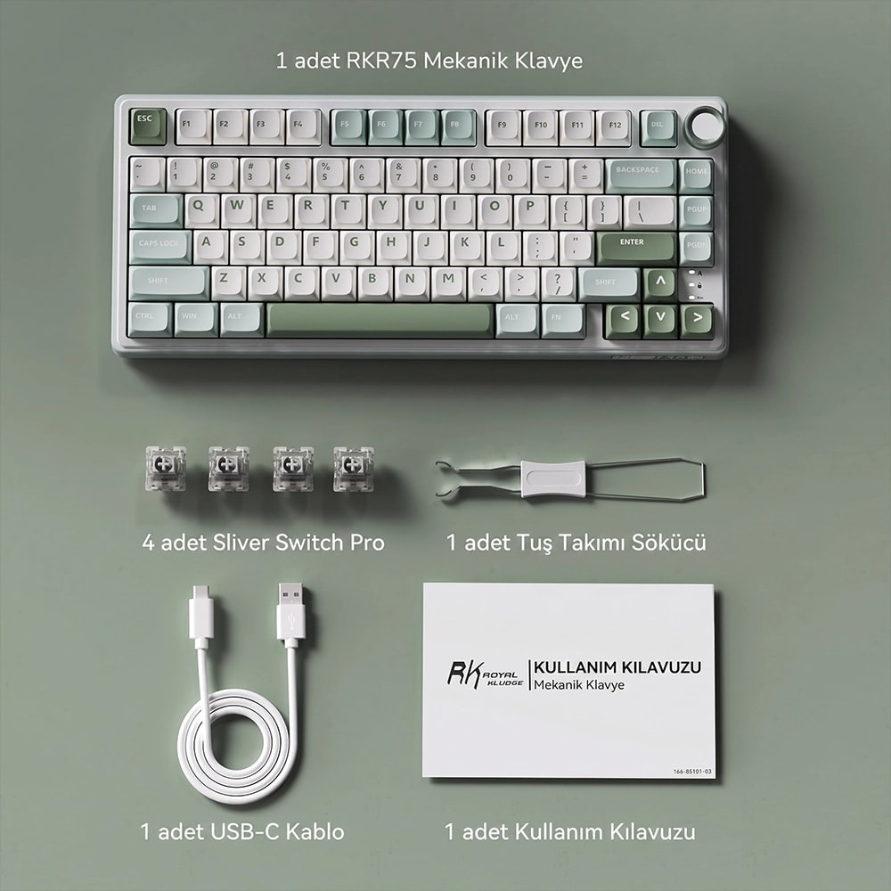 Mechaniczna klawiatura z przełącznikami, ściągaczem klawiszy, kablem USB-C i instrukcją na zielonym tle.