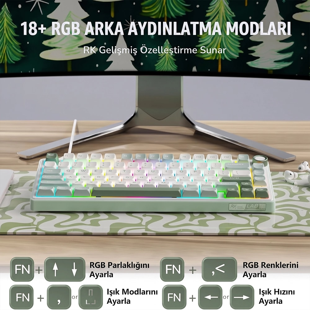 Zielono-biała klawiatura mechaniczna z podświetleniem RGB na biurku przed monitorem.