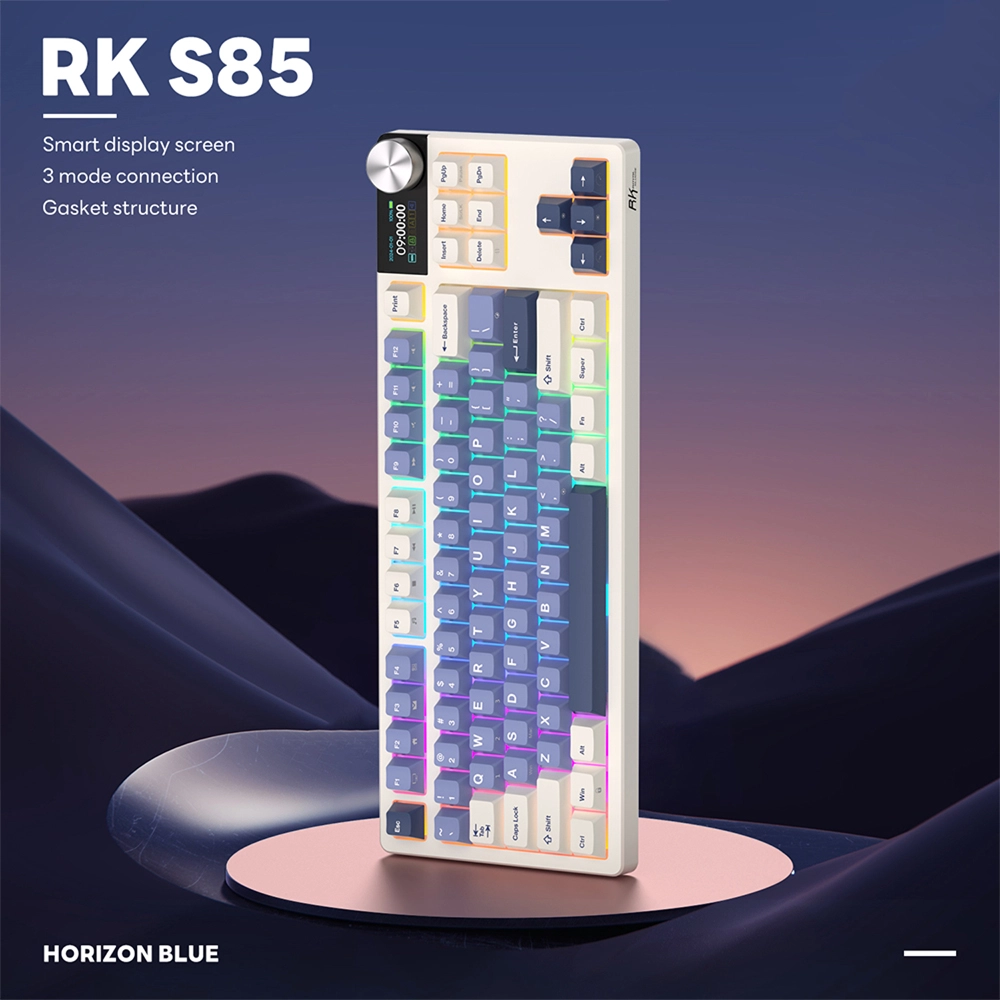Yuvarlak bir kaide üzerinde ekranlı ve RGB aydınlatmalı RK S85 Horizon Blue mekanik klavye.