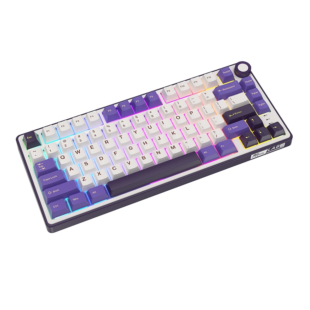 Klawiatura mechaniczna z białymi i fioletowymi nakładkami oraz kolorowym podświetleniem RGB.