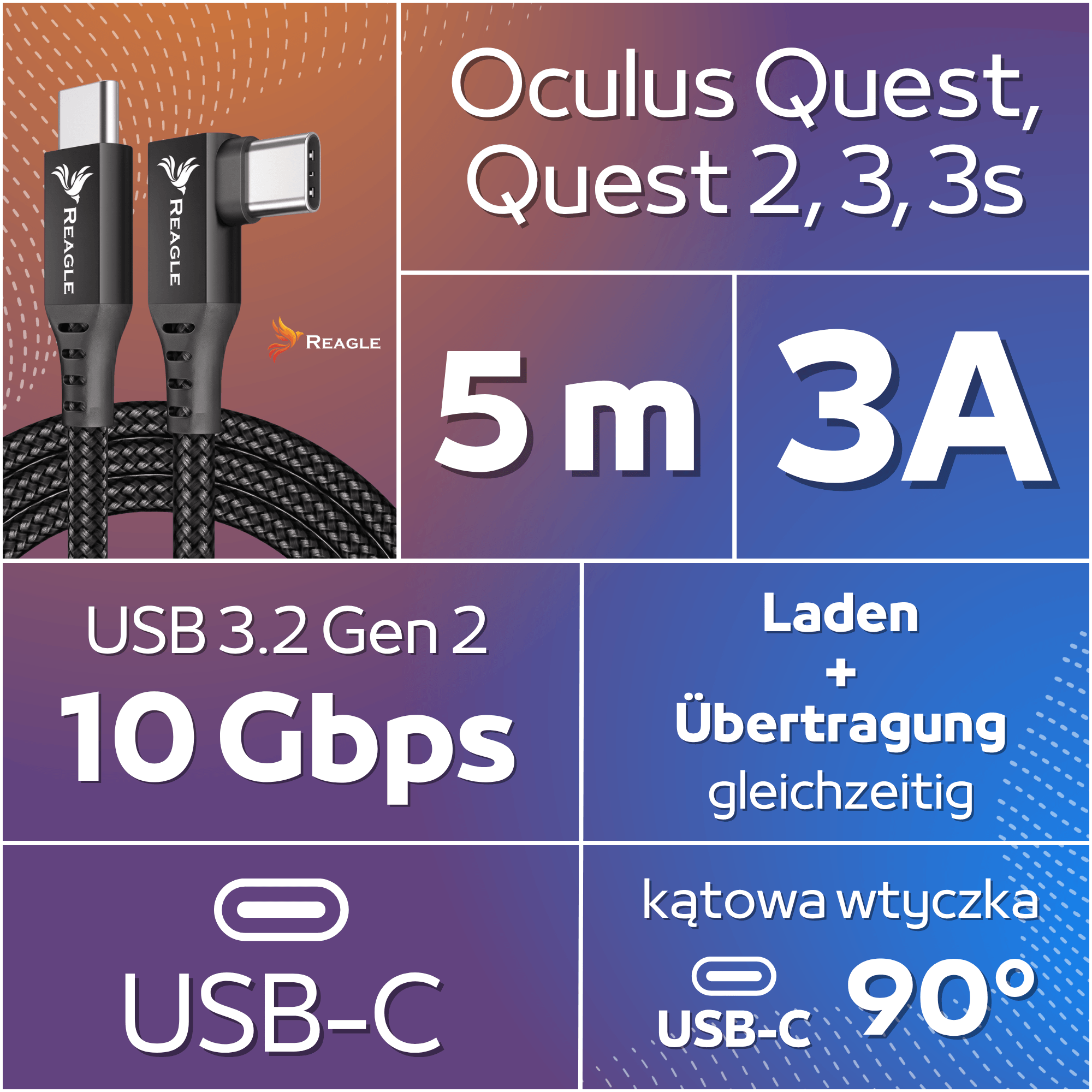 Czarny kabel USB-C Reagle 5m do Oculus Quest z prędkością 10 Gbps i ładowaniem 3A.
