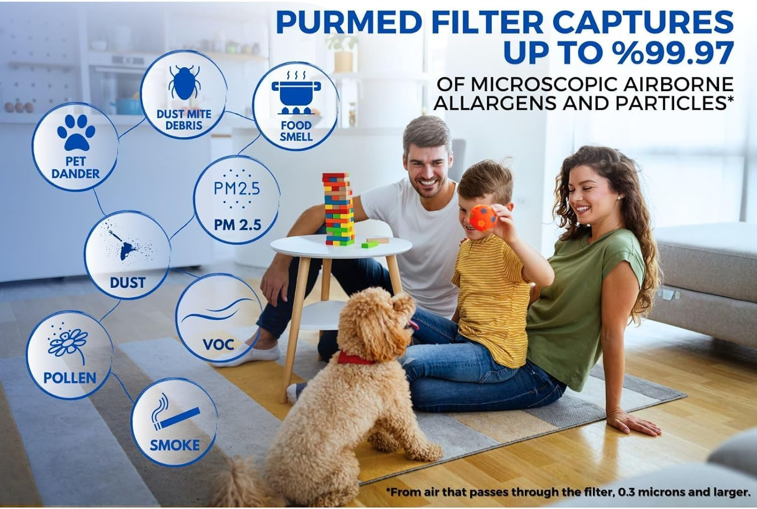 Bir aile evde köpeğiyle oynuyor, hava filtreleme simgeleriyle çevrili.