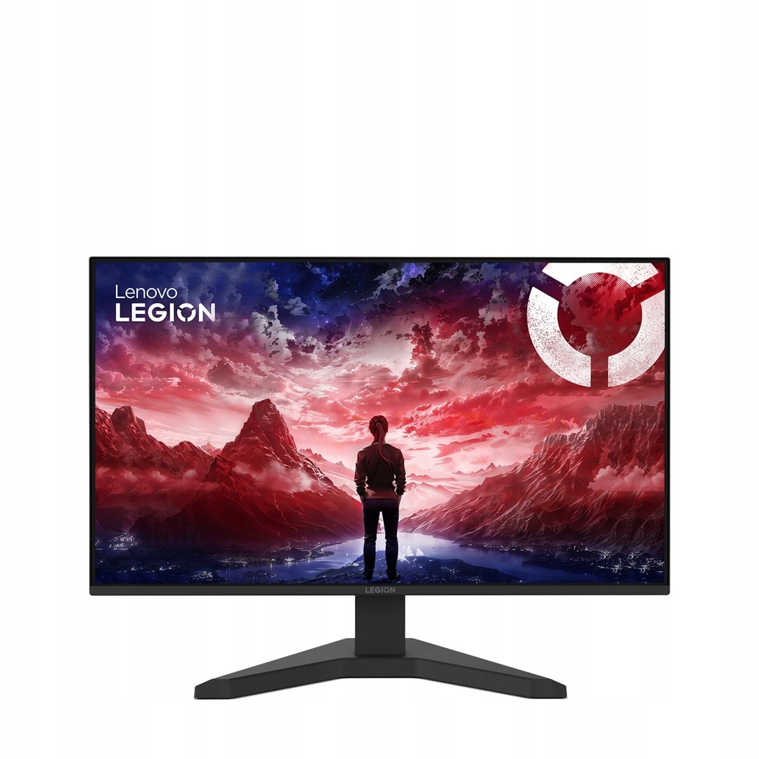 Monitor Lenovo Legion wyświetlający czerwony krajobraz górski i postać tyłem.