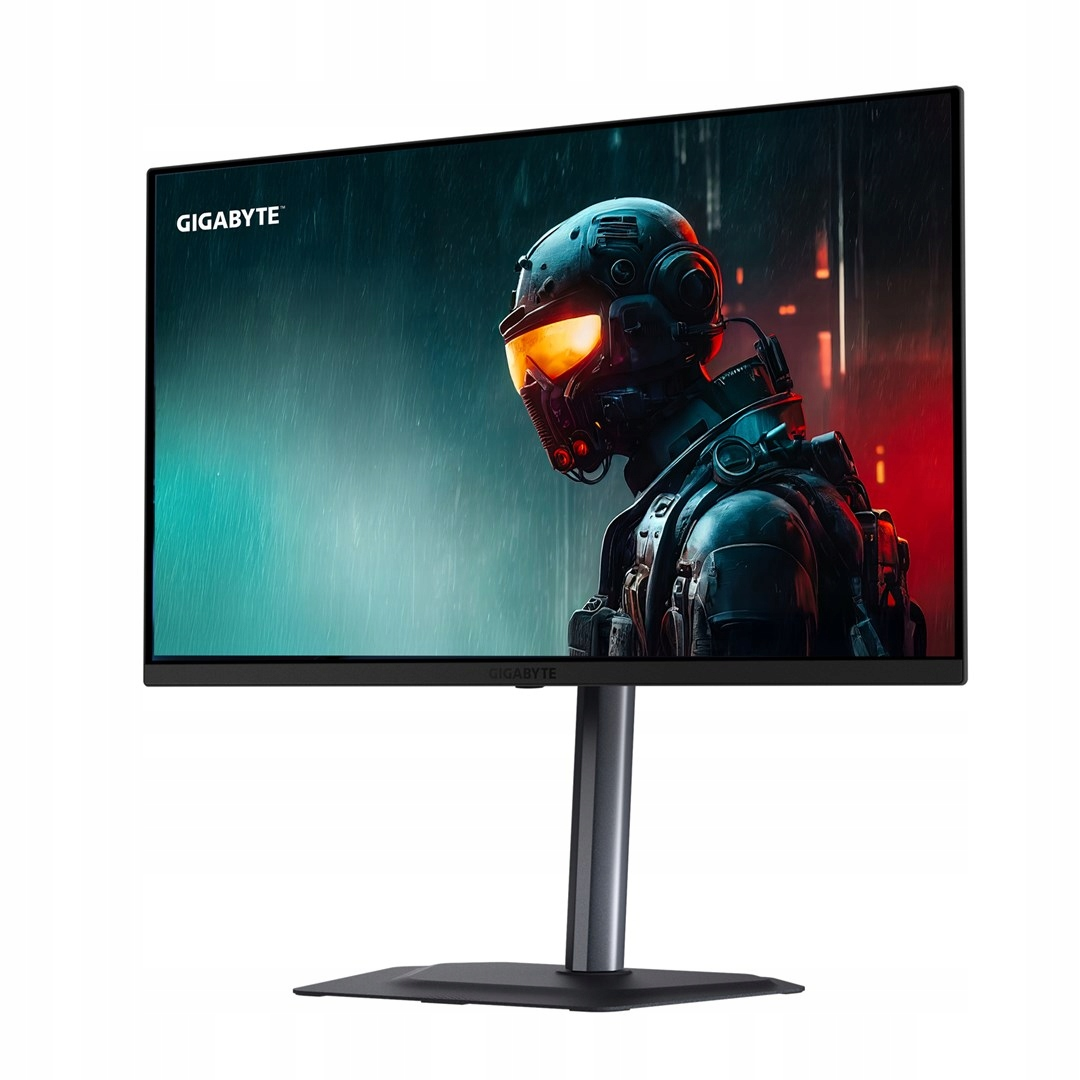 Monitor gamingowy Gigabyte przedstawia futurystycznego żołnierza w pomarańczowym hełmie na zielono-czerwonym tle.