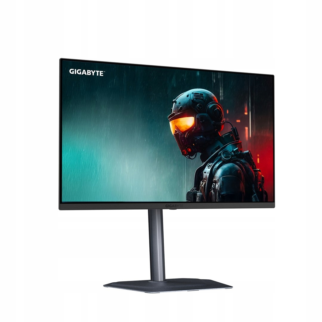 Monitor komputerowy Gigabyte przedstawiający futurystycznego żołnierza w kasku ze świecącym pomarańczowym wizjerem.