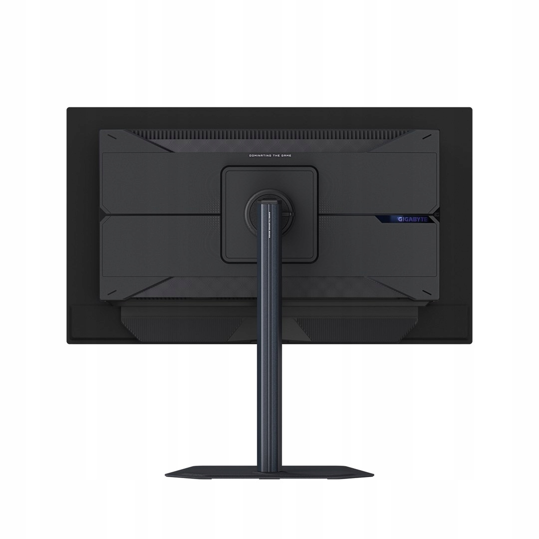 Widok z tyłu czarnego monitora gamingowego Gigabyte z ergonomiczną podstawą na białym tle.
