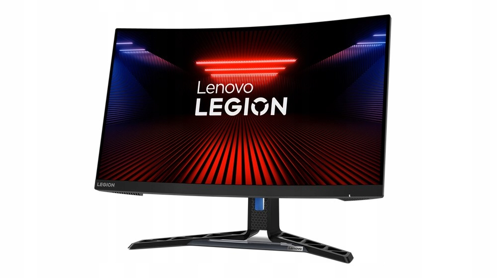 Zakrzywiony monitor gamingowy Lenovo Legion wyświetla czerwono-niebieskie tło z białym logo, na białym tle.