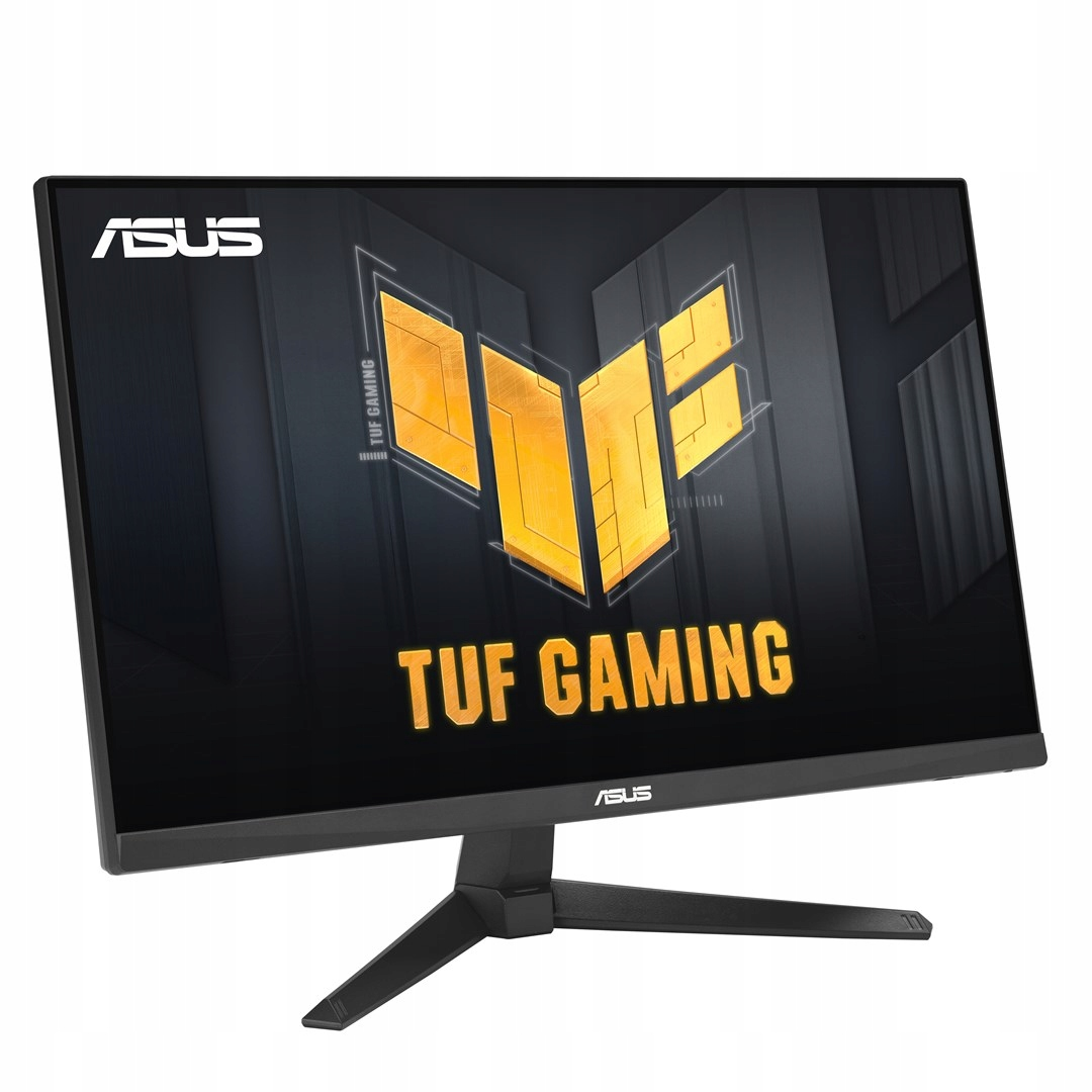 Un monitor negro Asus TUF Gaming con un logotipo amarillo en la pantalla y soporte resistente.