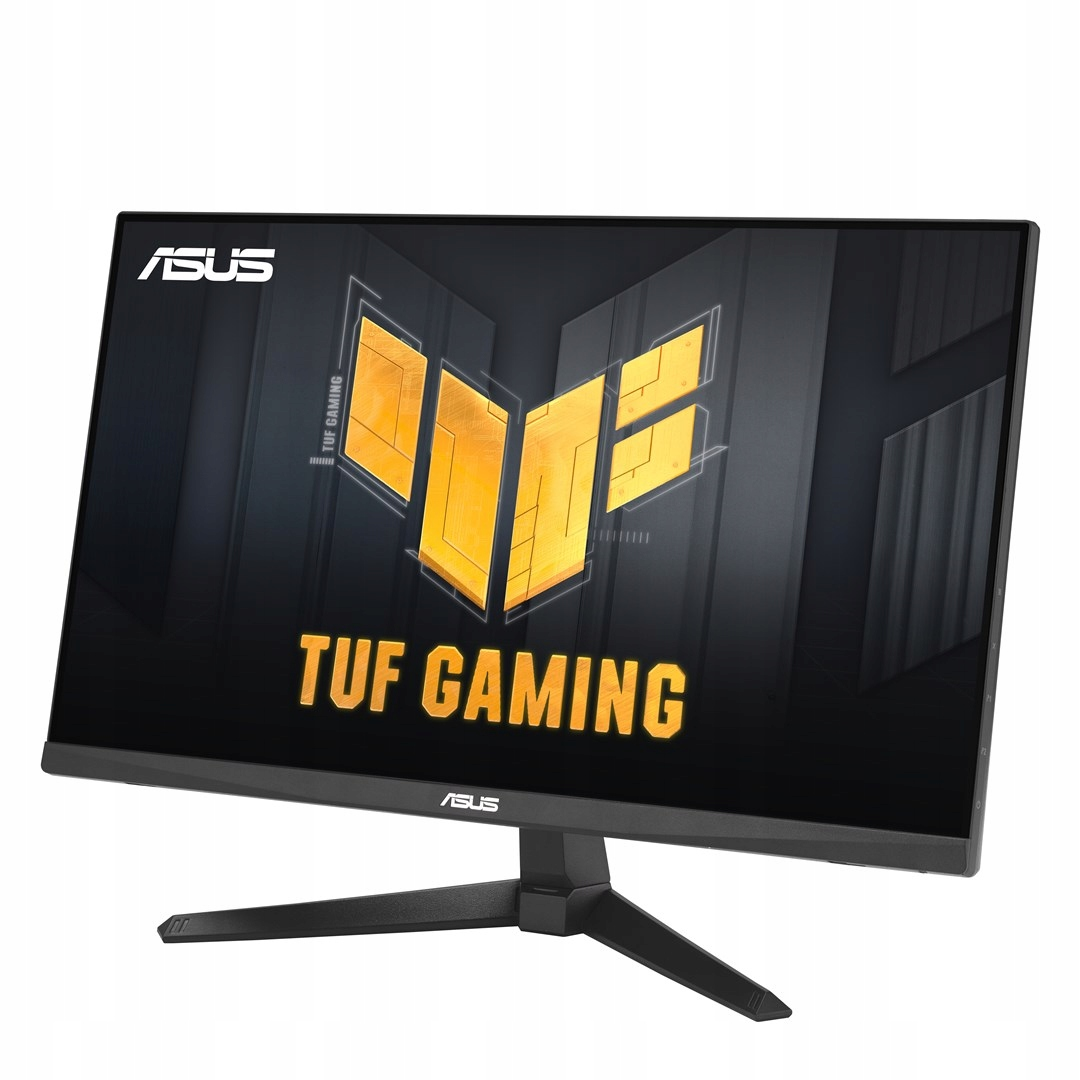 Un monitor negro Asus TUF Gaming con un logotipo amarillo en la pantalla se encuentra sobre un fondo blanco.