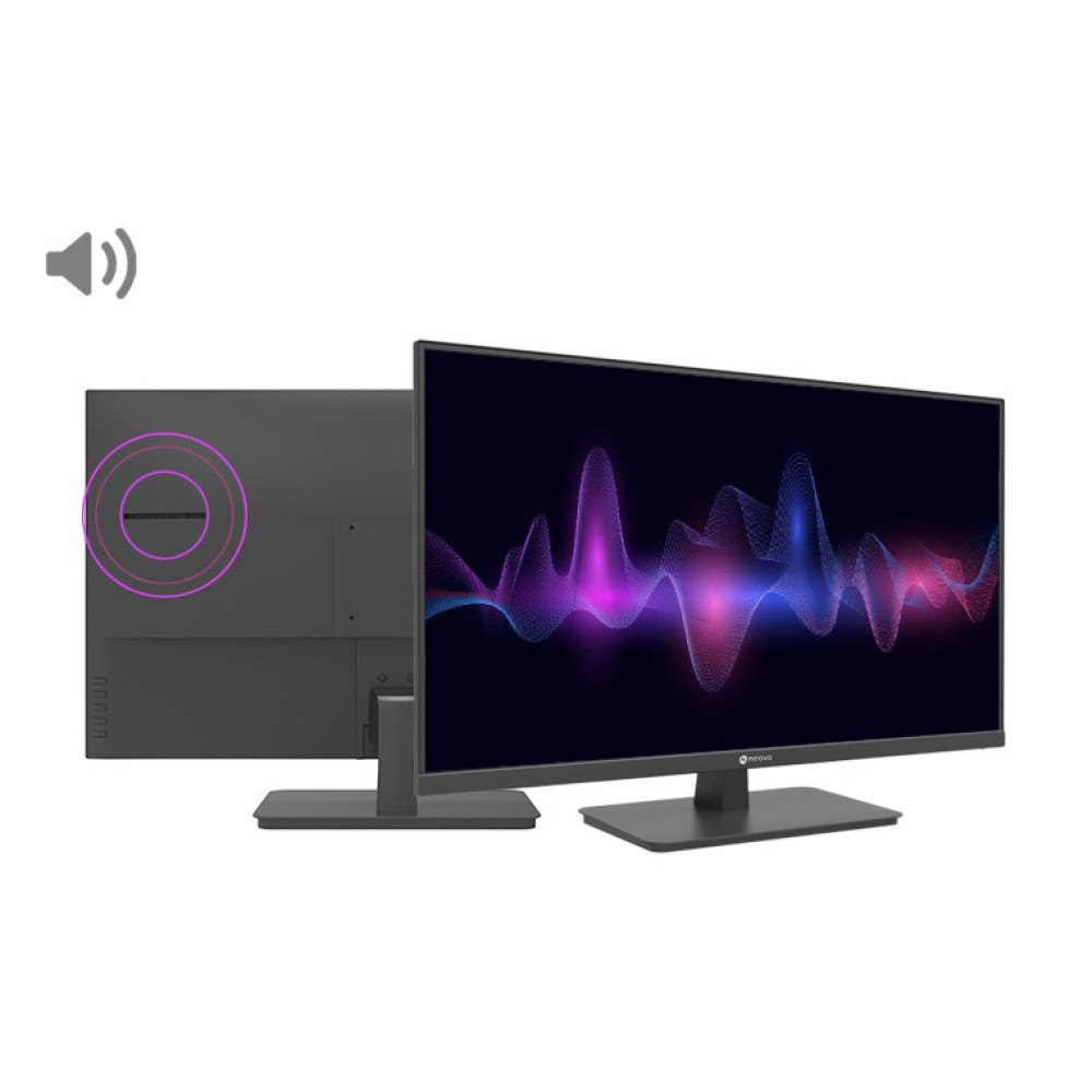 Dwa czarne monitory wyświetlają kolorowe fale dźwiękowe na ekranie i symbole audio.