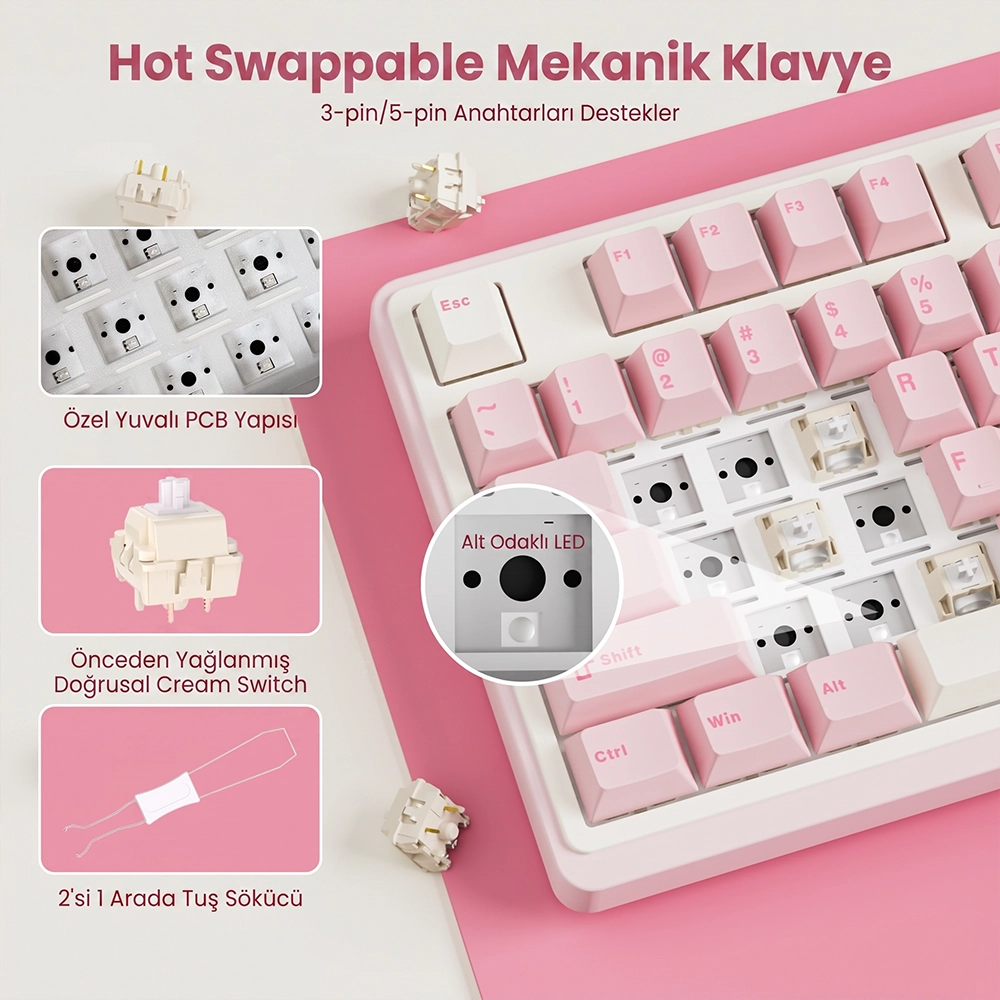 Anahtarlı ve araçlı pembe ve beyaz hot-swap mekanik klavye.