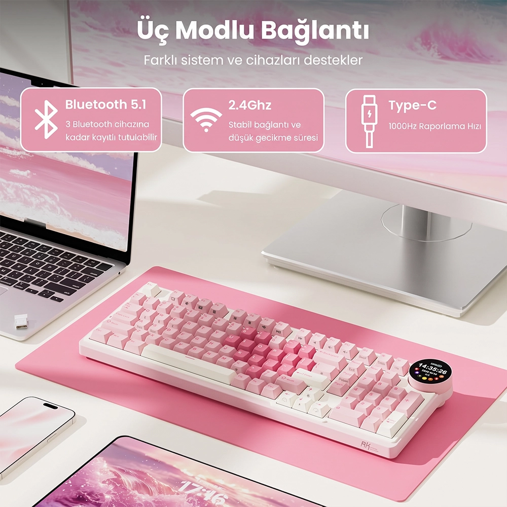 Pembe masa matı üzerinde pembe-beyaz mekanik klavye; dizüstü bilgisayar, telefon, tablet ve monitör ile çevrili.