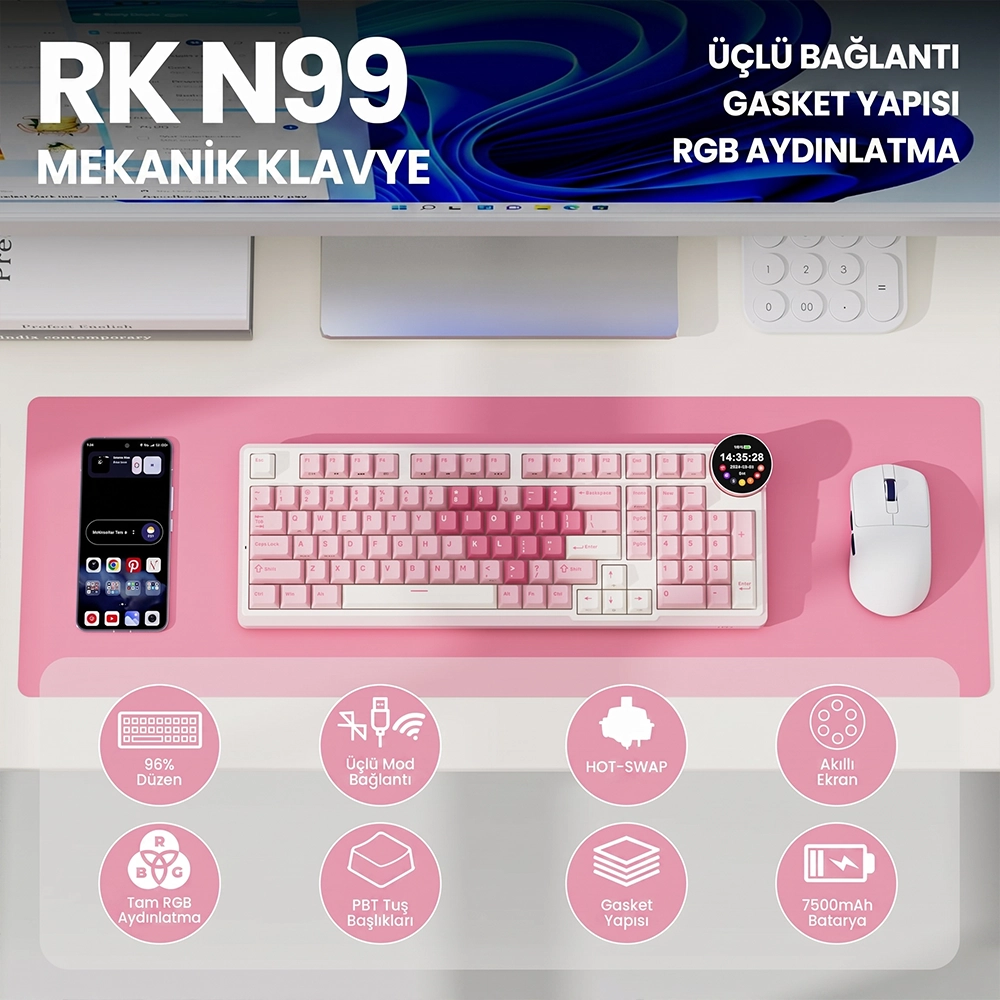 Mekanik klavye, fare, akıllı telefon, fare altlığı ve ürün simgeleri içeren beyaz ve pembe masa düzeni.