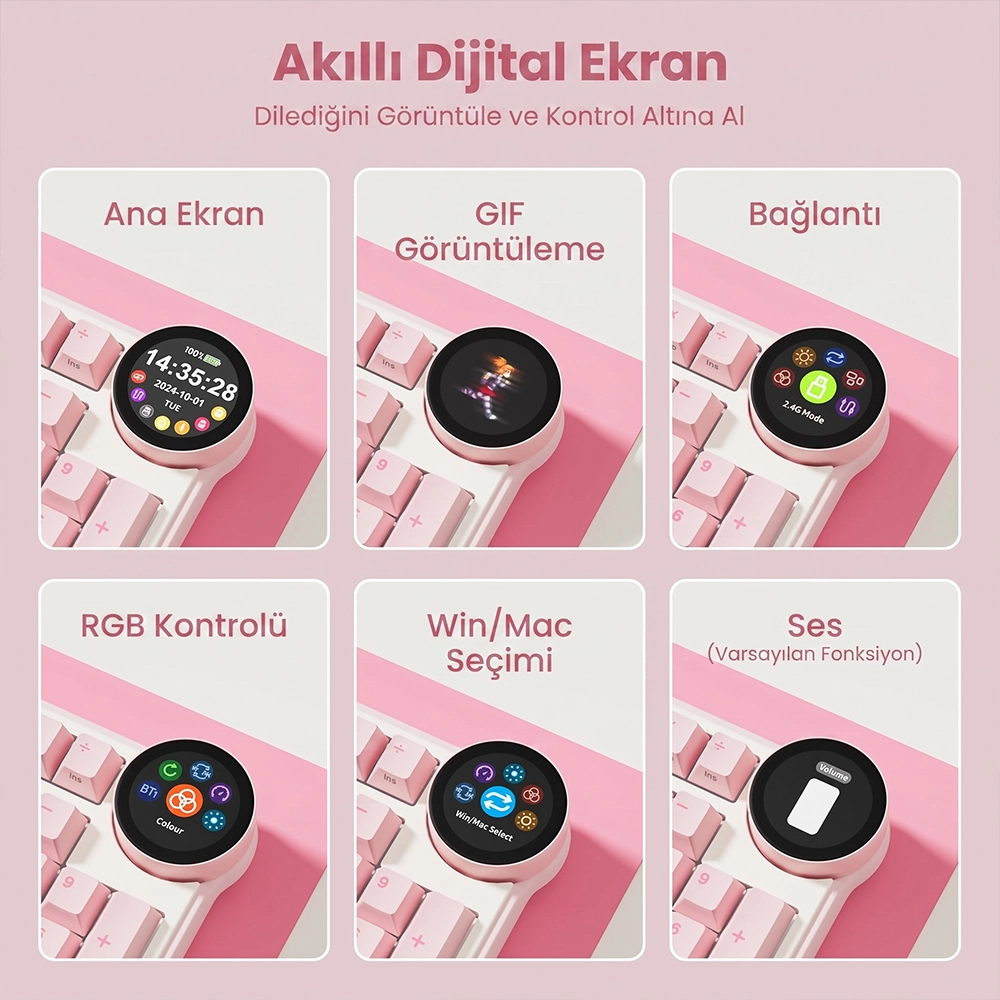 Saat, GIF ve RGB gibi çeşitli işlevleri gösteren yuvarlak dijital akıllı ekrana sahip pembe klavye.