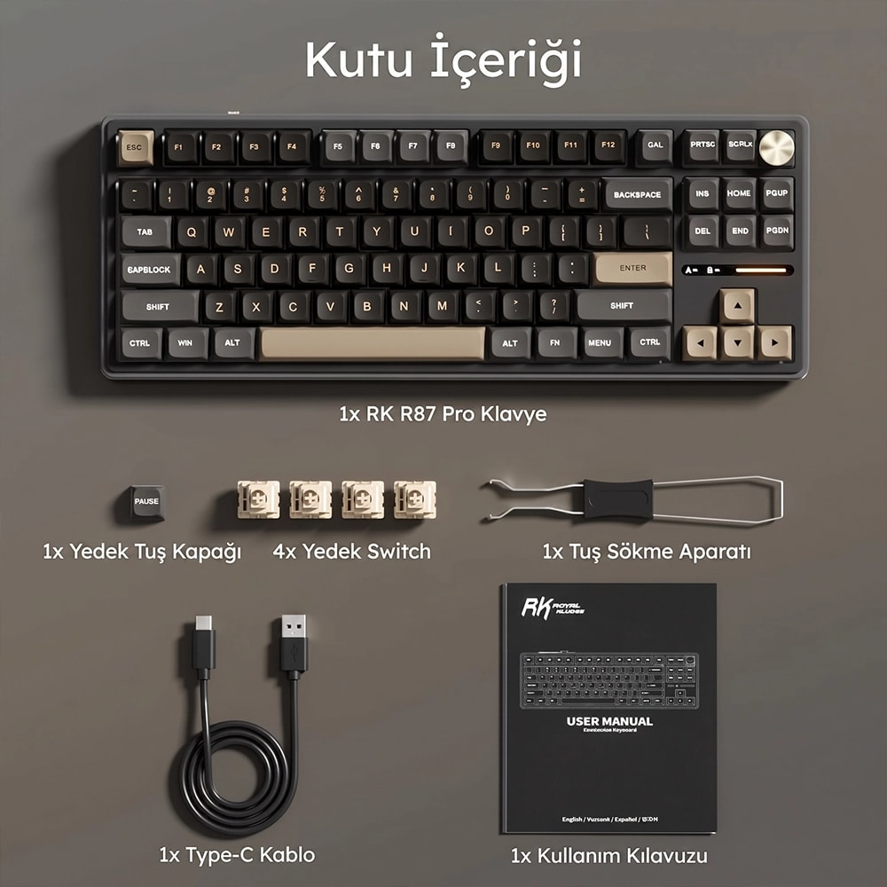 Gri zeminde RK R87 Pro klavye, dört yedek switch, tuş sökme aparatı, Type-C kablo ve kullanım kılavuzu.