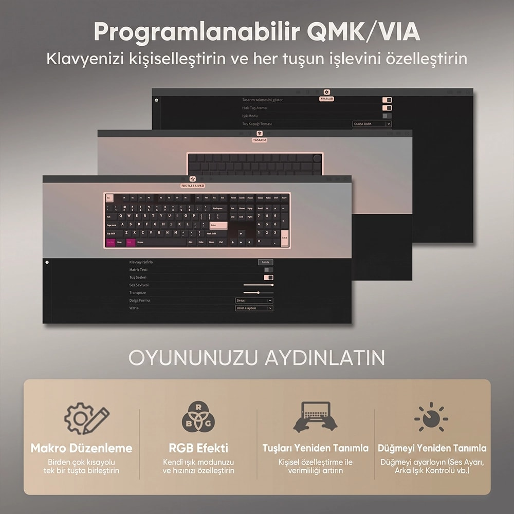 QMK/VIA klavye özelleştirme yazılımı ekran görüntüsü, özellik simgeleriyle.