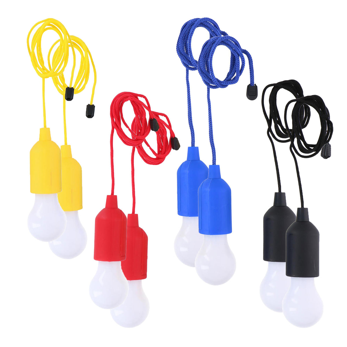 Cuatro luces LED de tirador coloridas en amarillo, rojo, azul y negro con cordones enrollados.