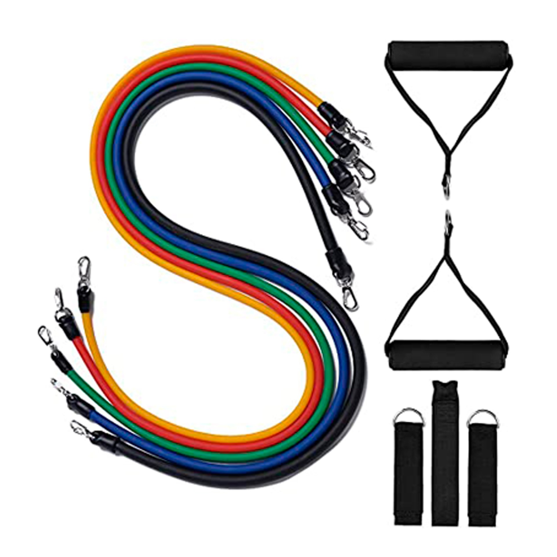 Bandas de resistencia coloridas con asas, correas de tobillo y anclaje de puerta en blanco.