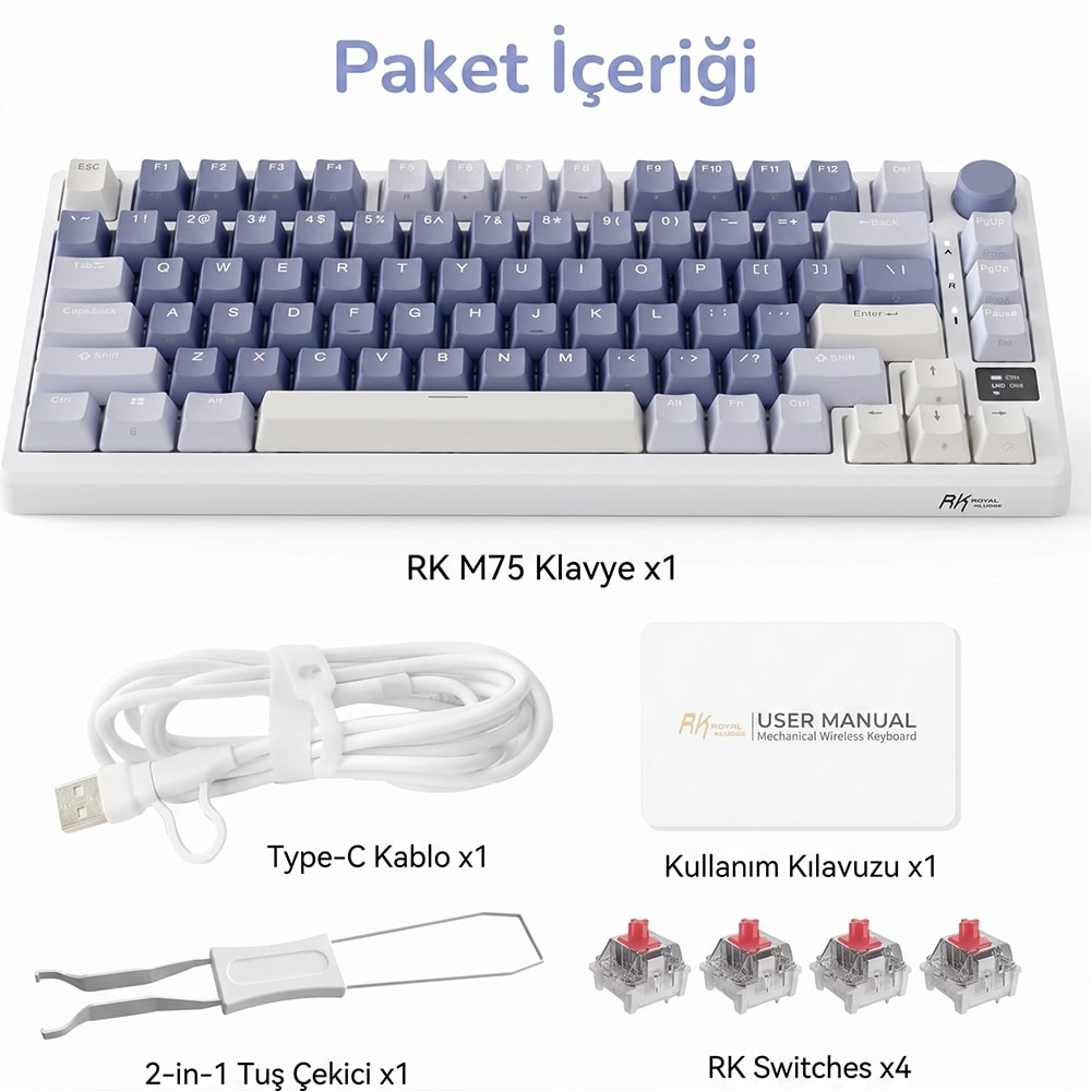 Beyaz ve mor RK M75 klavye, Type-C kablo, kılavuz, tuş sökücü ve dört adet switch içeren paket içeriği.