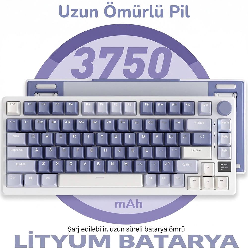3750 mAh pil ömrüne sahip beyaz ve mor renkli şarj edilebilir klavye.