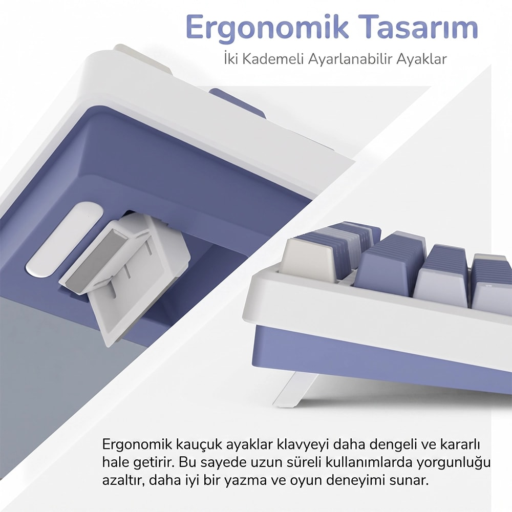 Ergonomik kullanım için ayarlanabilir ayaklara sahip beyaz ve mavi klavyenin alt görünümü.