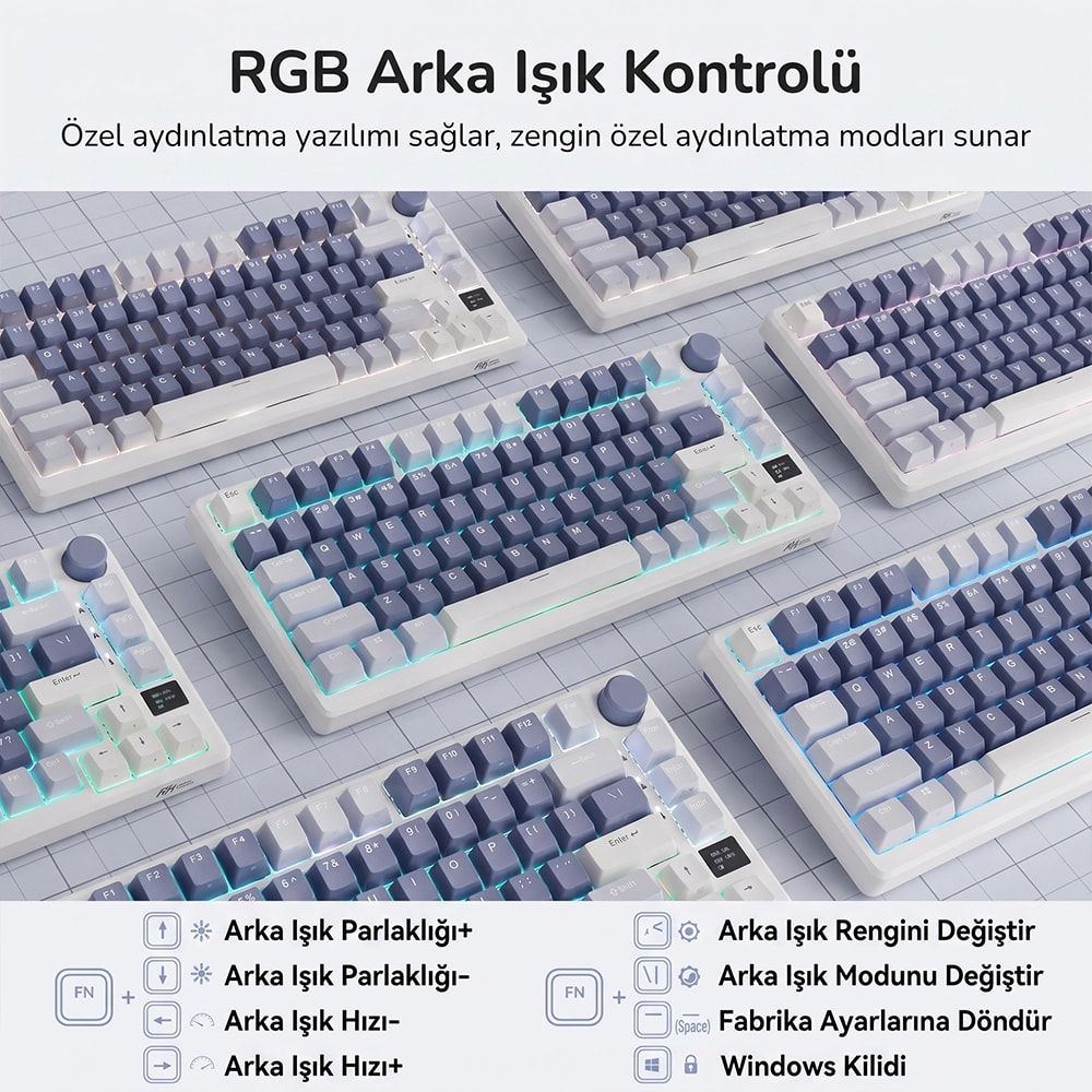 Beyaz kareli arka plan üzerinde RGB aydınlatmalı birden fazla beyaz ve mor mekanik klavye.