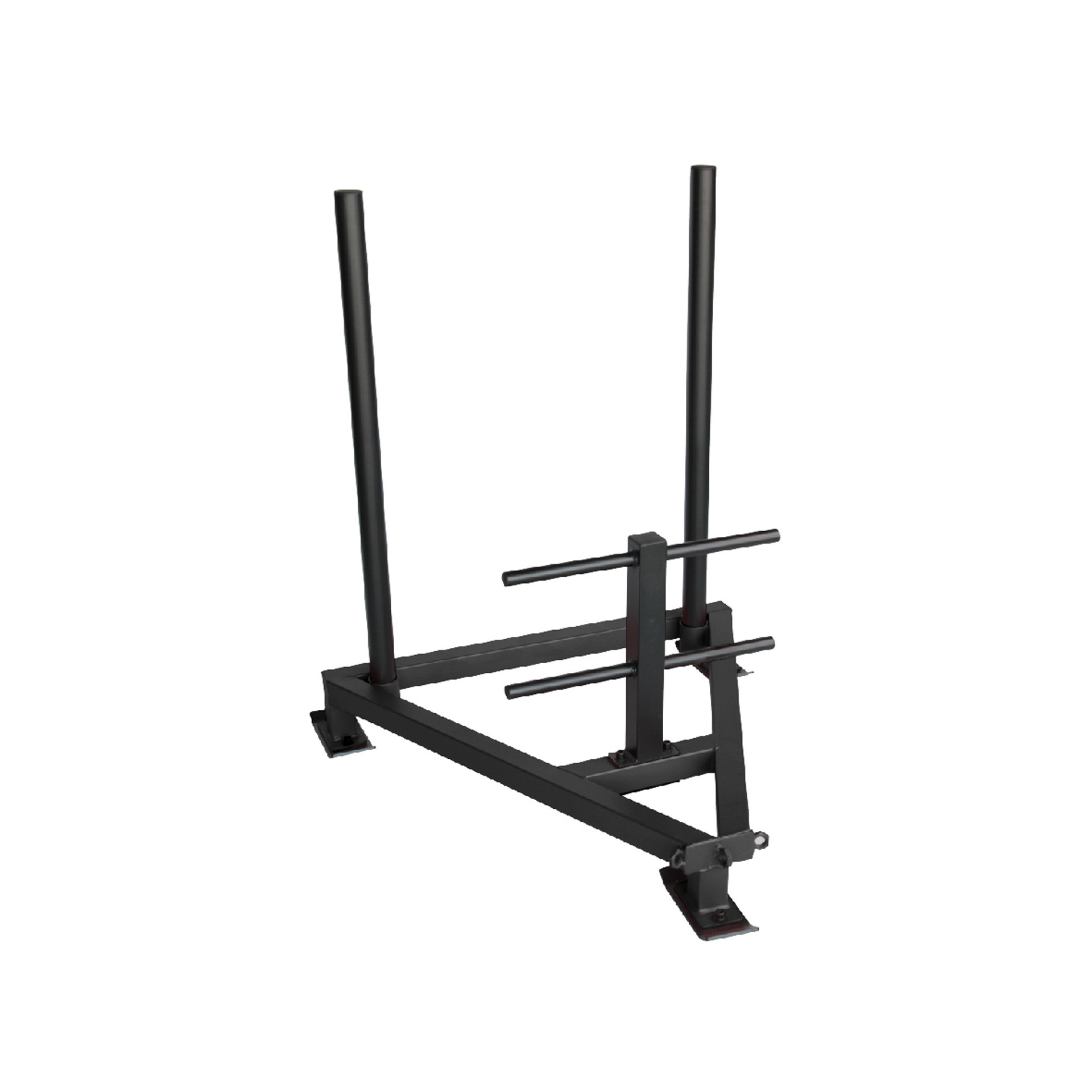 Un trineo de entrenamiento de fuerza triangular negro con dos postes verticales y asas.
