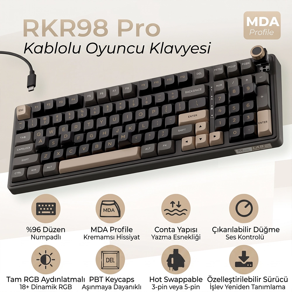 Sayı tuş takımı, düğme ve özellik simgeleriyle koyu gri ve bej renkli RKR98 Pro mekanik klavye.