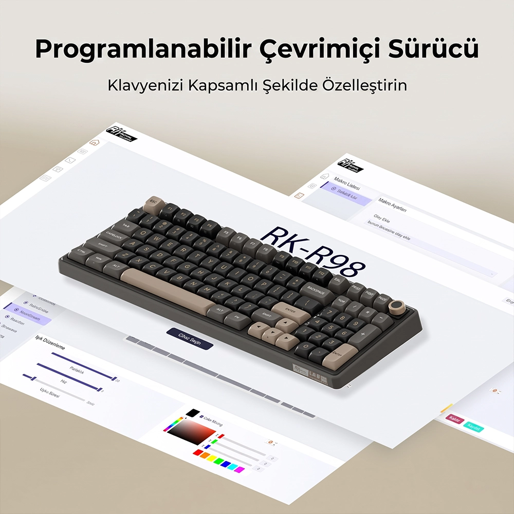 Üstte Türkçe metin bulunan yazılım özelleştirme arayüzünde gösterilen RK-R98 klavye.