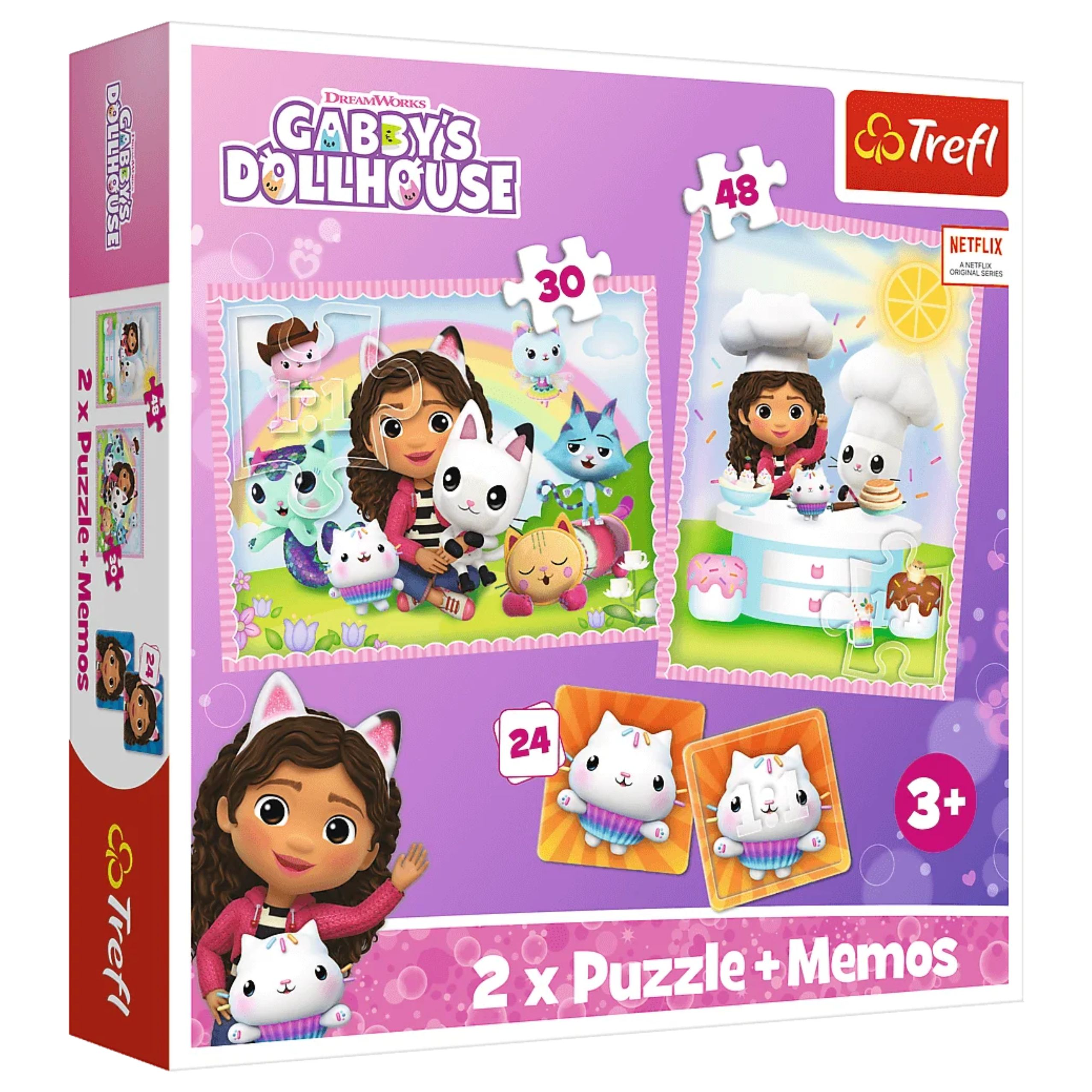 Eine lila Trefl Gabby's Dollhouse Puzzlebox mit Gabby und ihren Katzenfiguren auf zwei Puzzleszenen.