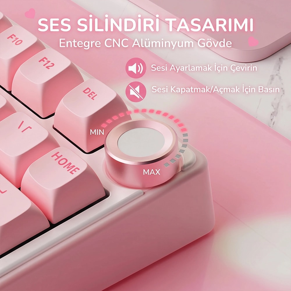 Dairesel ses düğmesine ve Türkçe metne sahip pembe klavye.